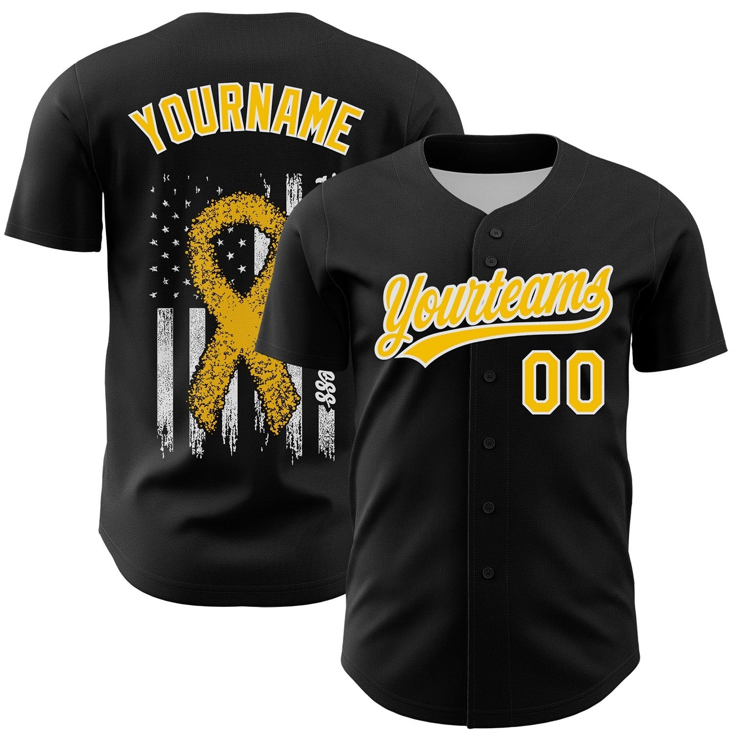 Custom Black Yellow-White 3D Childhood Cancer Gold Ribbon American Flag Authentic Baseball Jersey baseball jersey product view 1