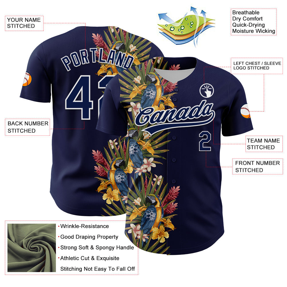Custom Navy White 3D Tropical Hawaii Palm Tree And Bird Authentic Baseball Jersey baseball jersey product view 3