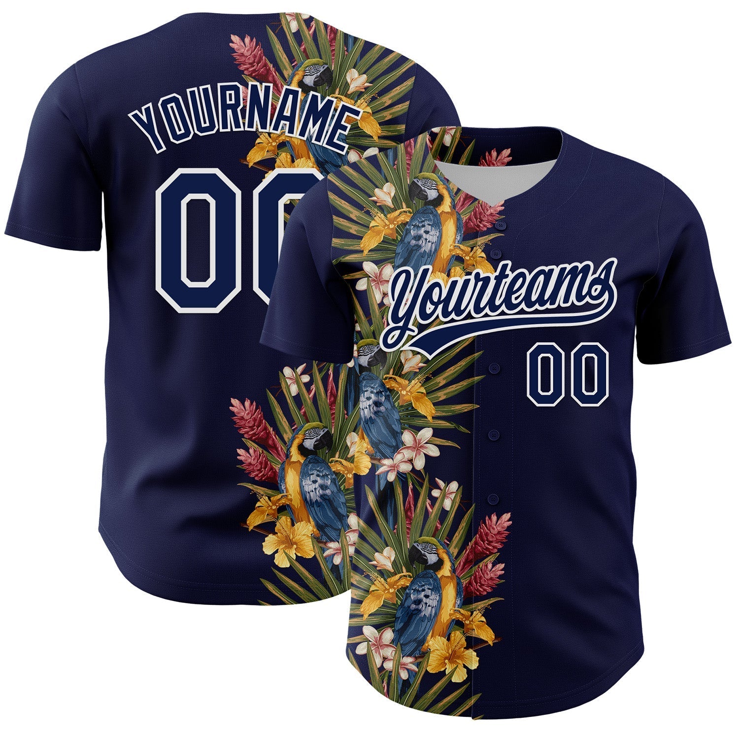 Custom Navy White 3D Tropical Hawaii Palm Tree And Bird Authentic Baseball Jersey baseball jersey product view 1