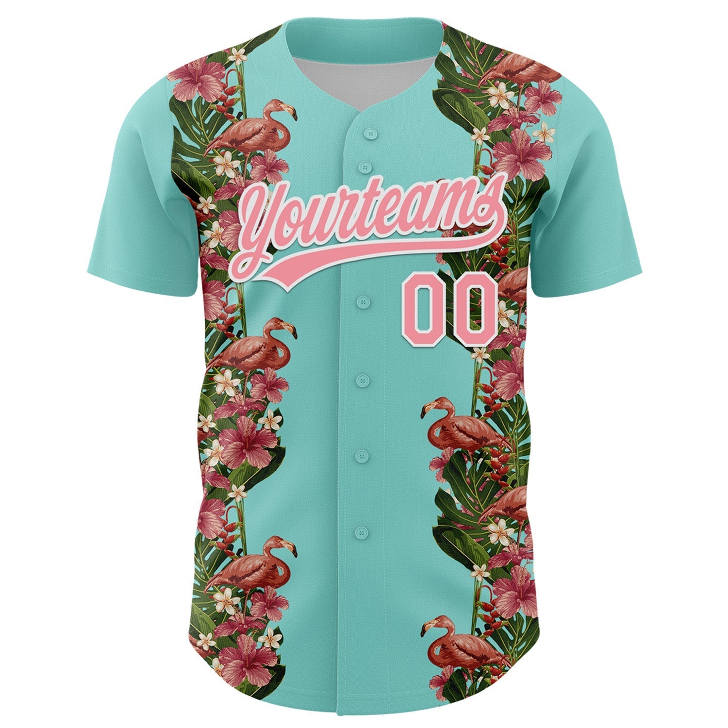 Custom Ice Blue Medium Pink-White 3D Tropical Hawaii Plant And Flamingo Authentic Baseball Jersey baseball jersey product view 2