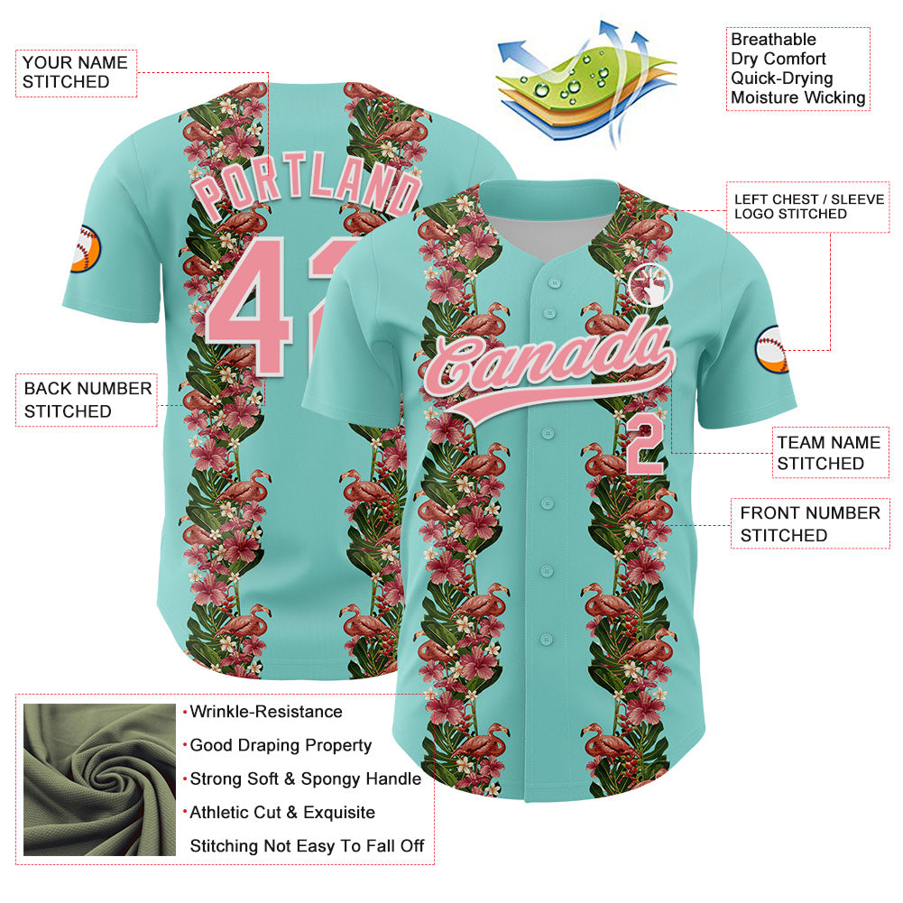 Custom Ice Blue Medium Pink-White 3D Tropical Hawaii Plant And Flamingo Authentic Baseball Jersey baseball jersey product view 3