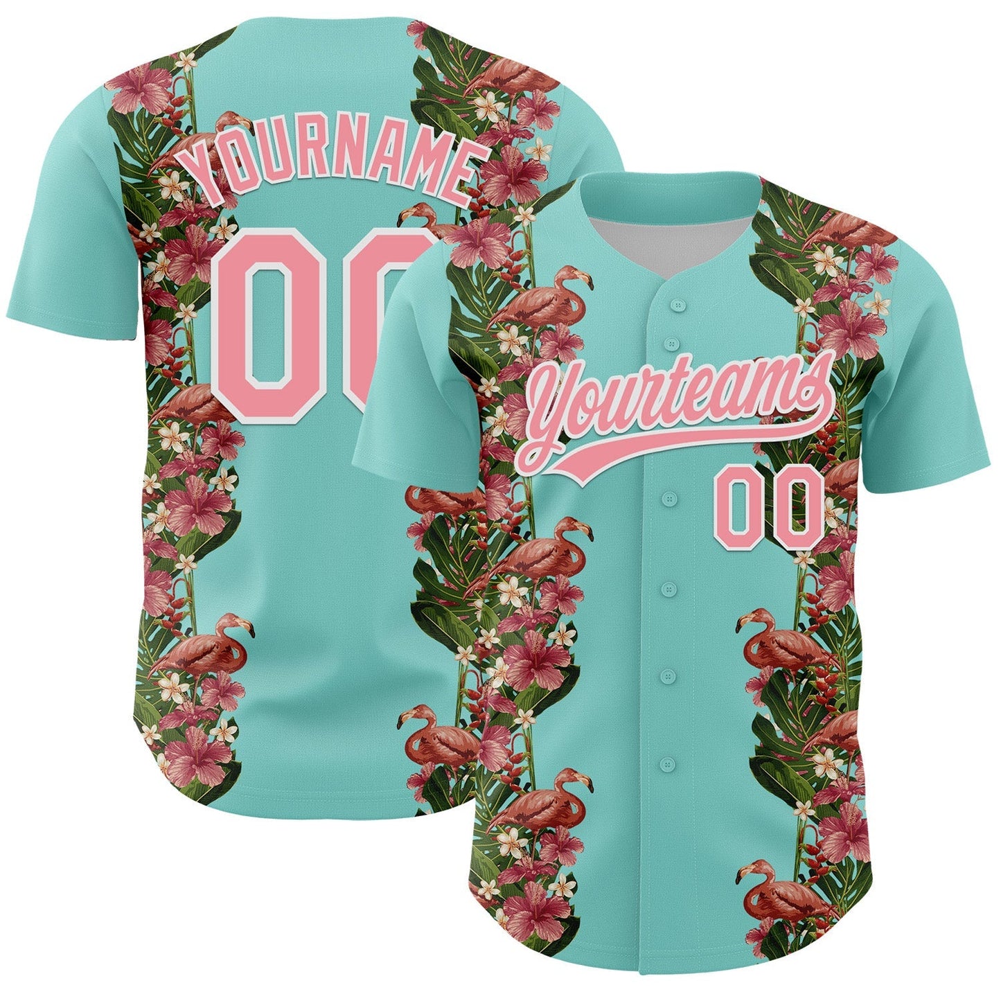 Custom Ice Blue Medium Pink-White 3D Tropical Hawaii Plant And Flamingo Authentic Baseball Jersey baseball jersey product view 1