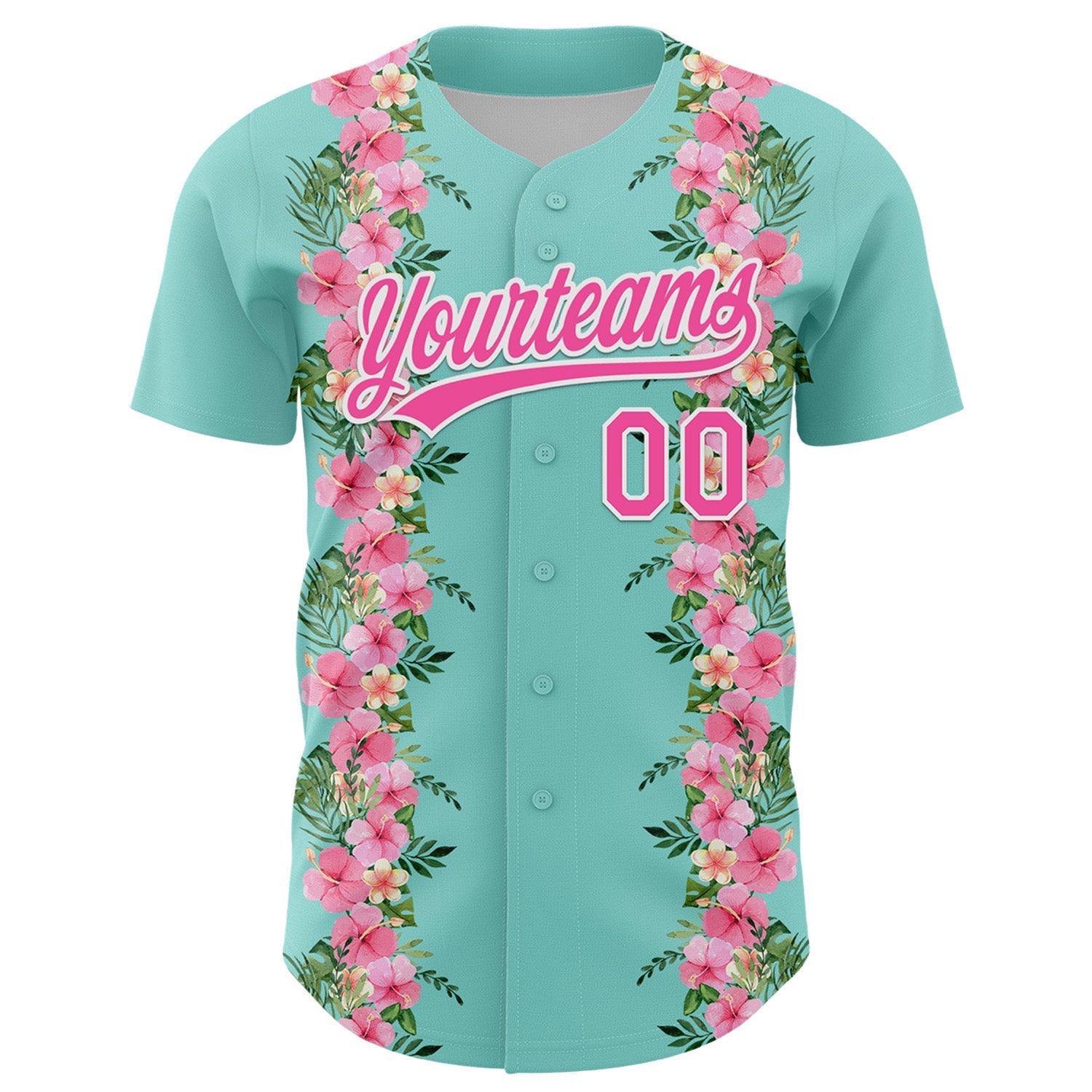 Custom Ice Blue Pink-White 3D Tropical Hawaii Jungle Leaves And Flower Authentic Baseball Jersey baseball jersey product view 2