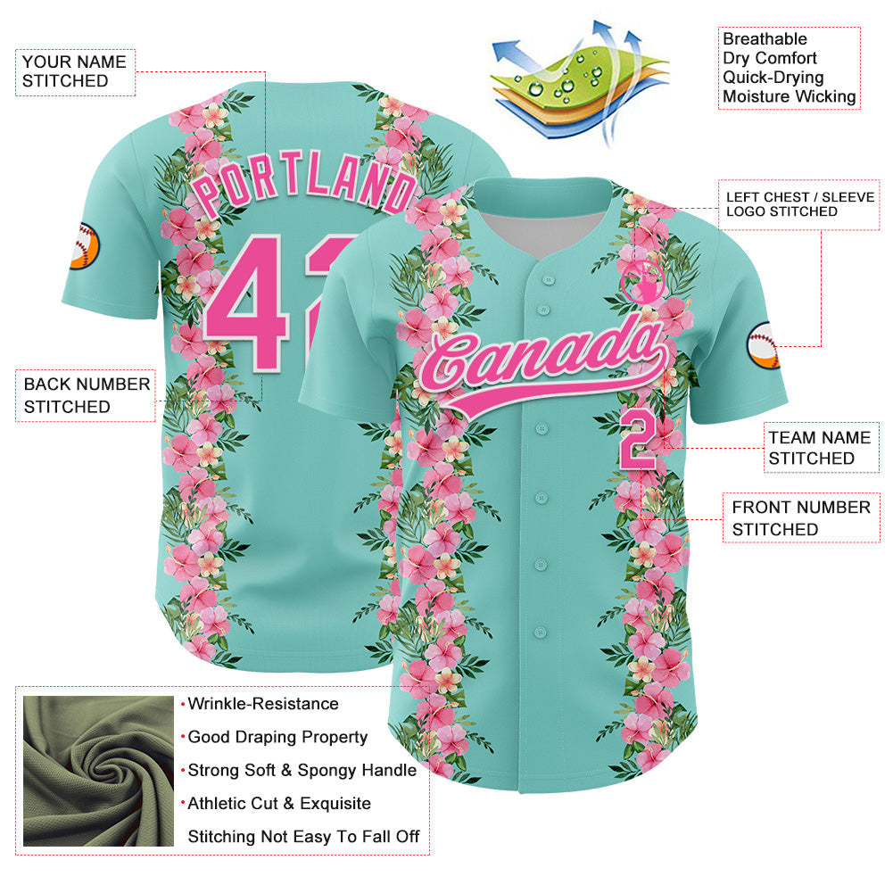 Custom Ice Blue Pink-White 3D Tropical Hawaii Jungle Leaves And Flower Authentic Baseball Jersey baseball jersey product view 3