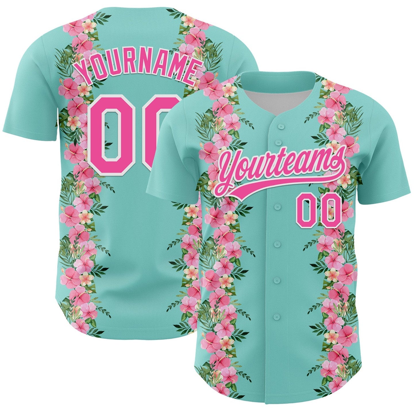 Custom Ice Blue Pink-White 3D Tropical Hawaii Jungle Leaves And Flower Authentic Baseball Jersey baseball jersey product view 1