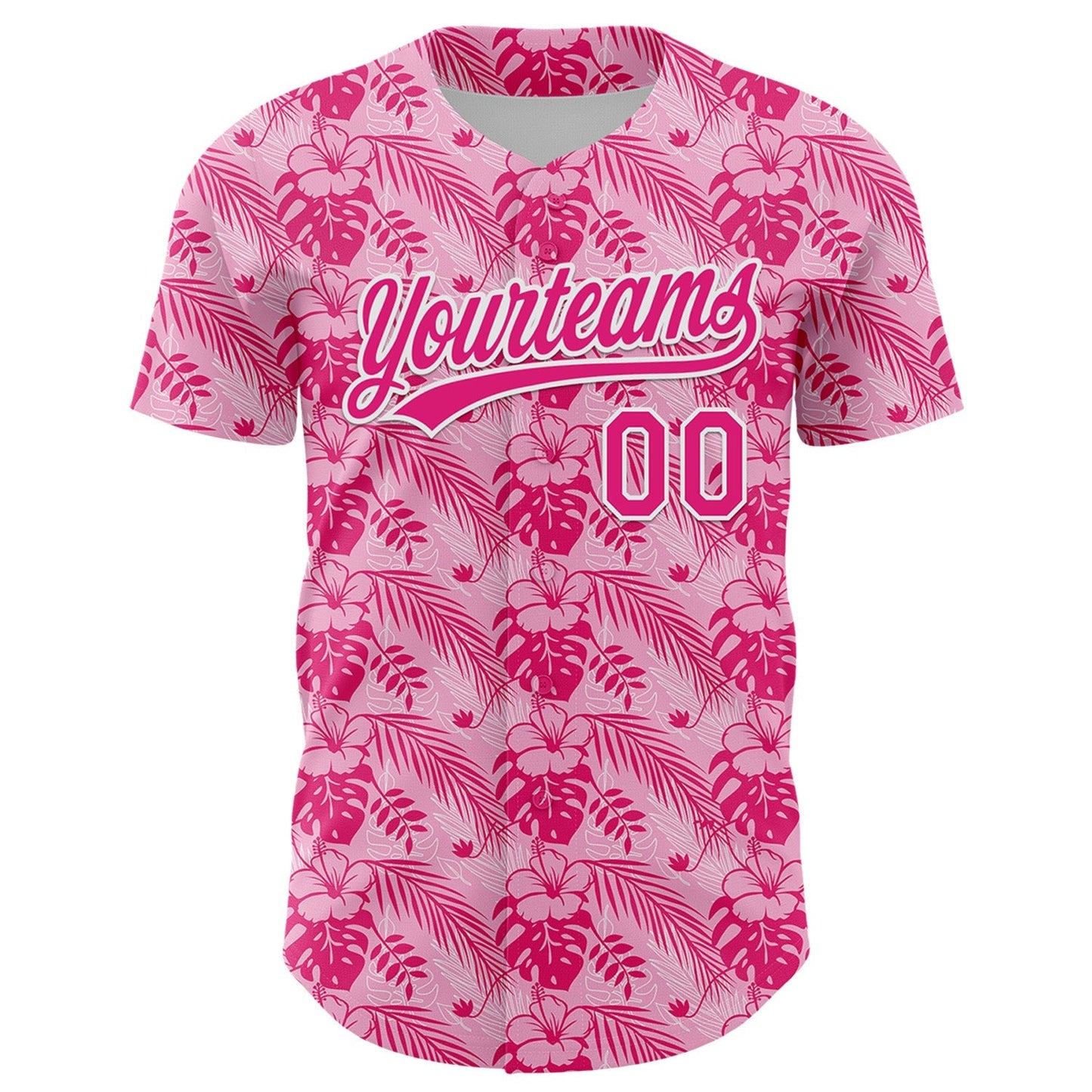 Custom Hot Pink White 3D Tropical Hawaii Jungle Leaves And Flower Authentic Baseball Jersey baseball jersey product view 2