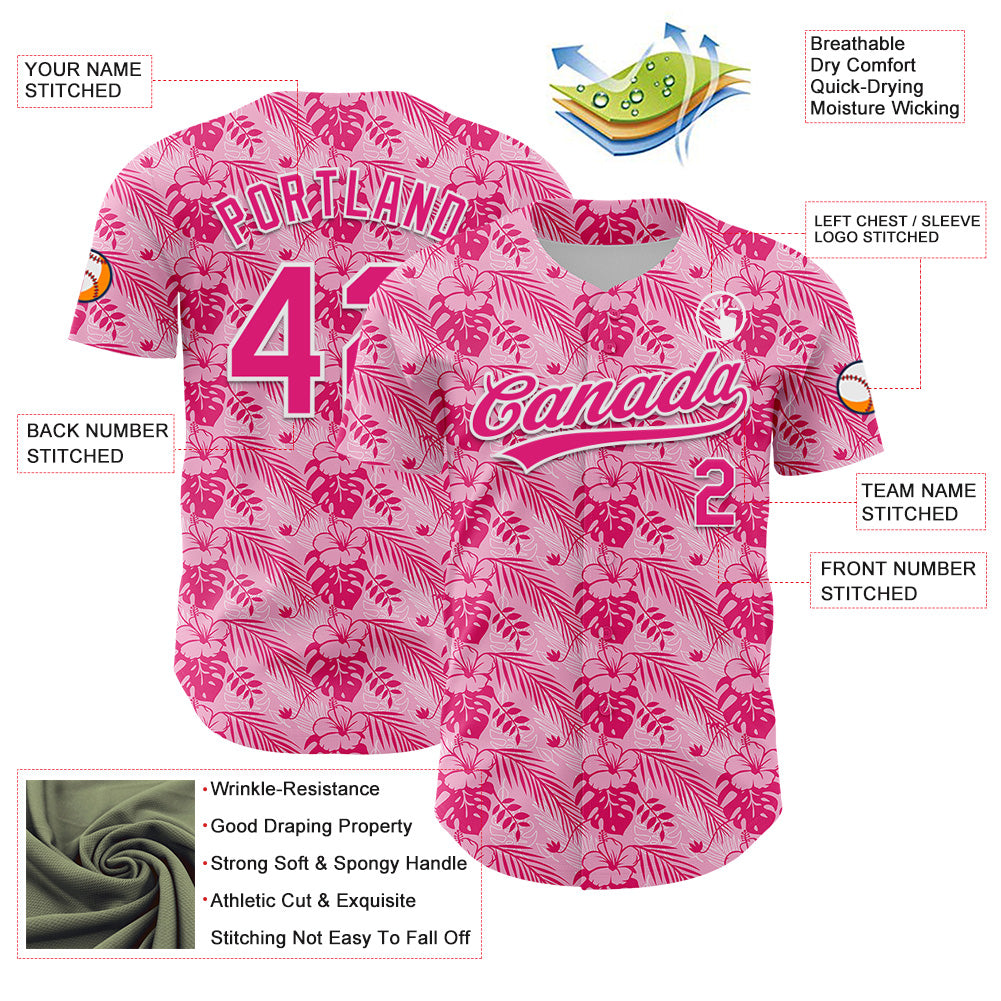 Custom Hot Pink White 3D Tropical Hawaii Jungle Leaves And Flower Authentic Baseball Jersey baseball jersey product view 3