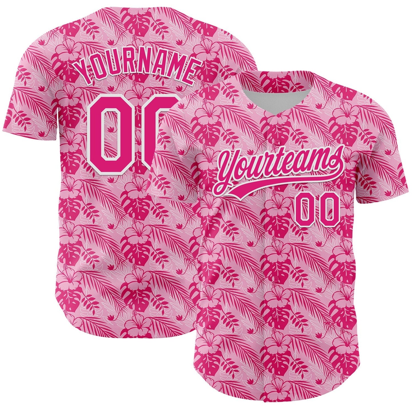 Custom Hot Pink White 3D Tropical Hawaii Jungle Leaves And Flower Authentic Baseball Jersey baseball jersey product view 1