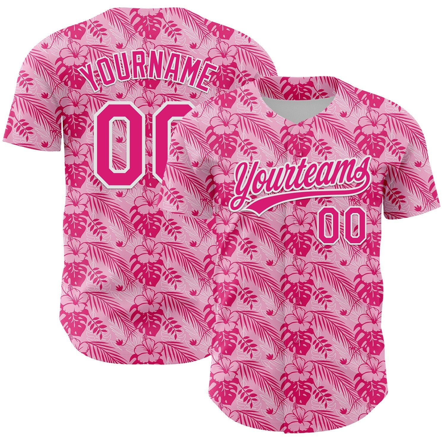 Custom Hot Pink White 3D Tropical Hawaii Jungle Leaves And Flower Authentic Baseball Jersey baseball jersey product view 1