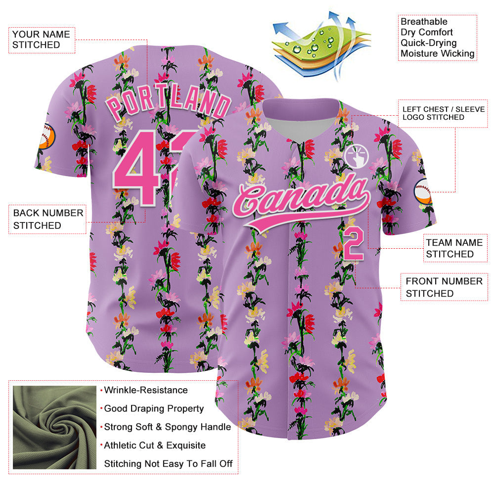 Custom Light Purple Pink-White 3D Tropical Hawaii Flower Authentic Baseball Jersey baseball jersey product view 3
