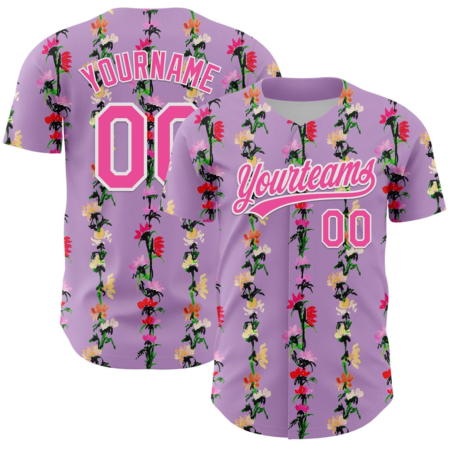 Custom Light Purple Pink-White 3D Tropical Hawaii Flower Authentic Baseball Jersey baseball jersey product view 1