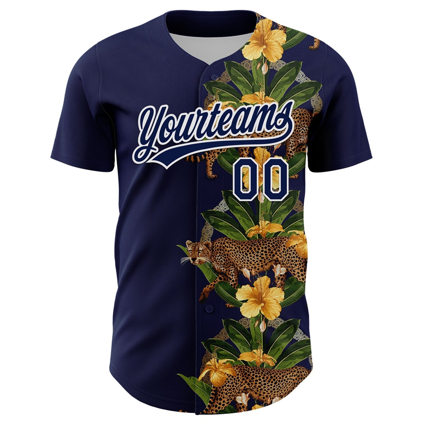 Custom Navy White 3D Tropical Hawaii Jungle Plant And Leopard Authentic Baseball Jersey baseball jersey product view 2