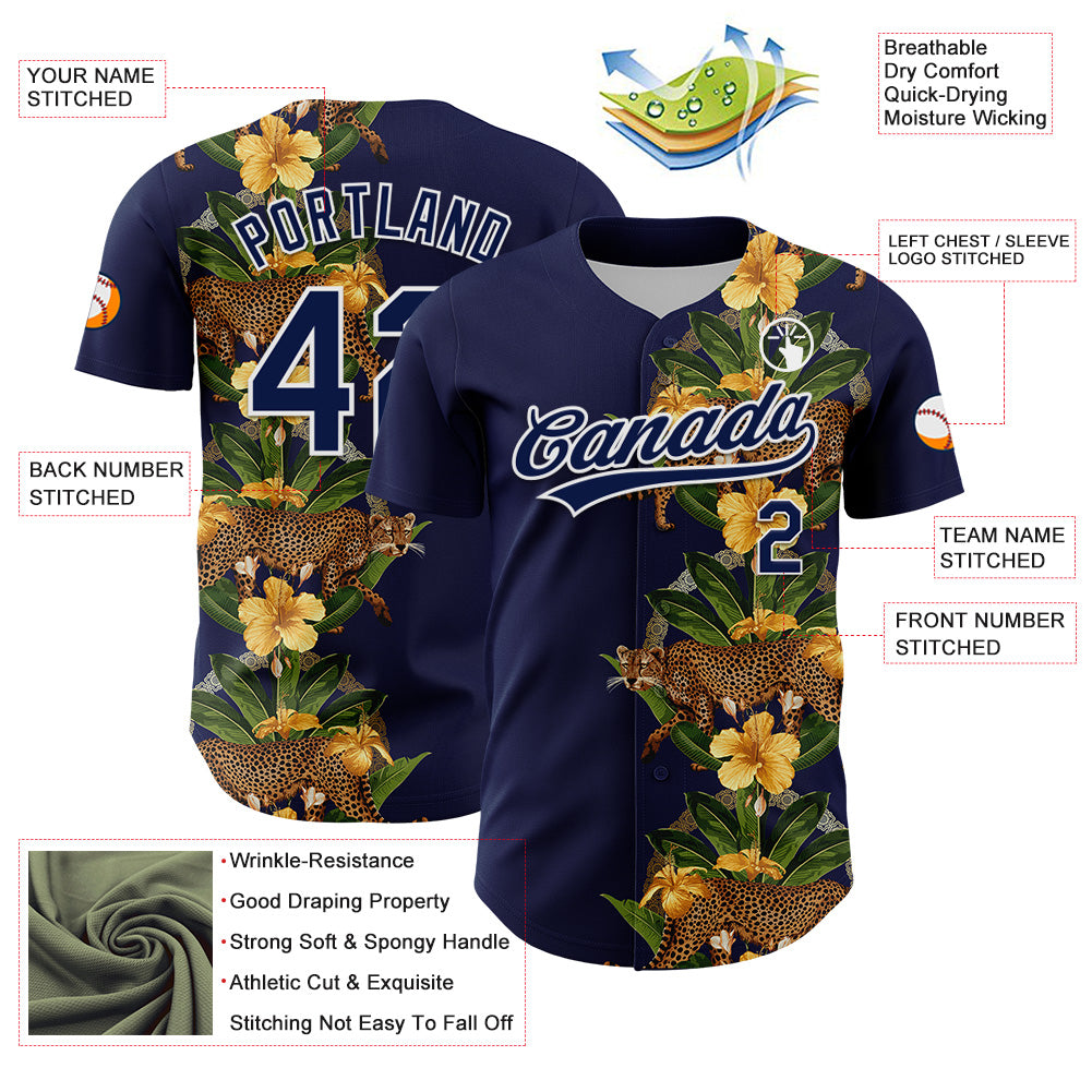 Custom Navy White 3D Tropical Hawaii Jungle Plant And Leopard Authentic Baseball Jersey baseball jersey product view 3