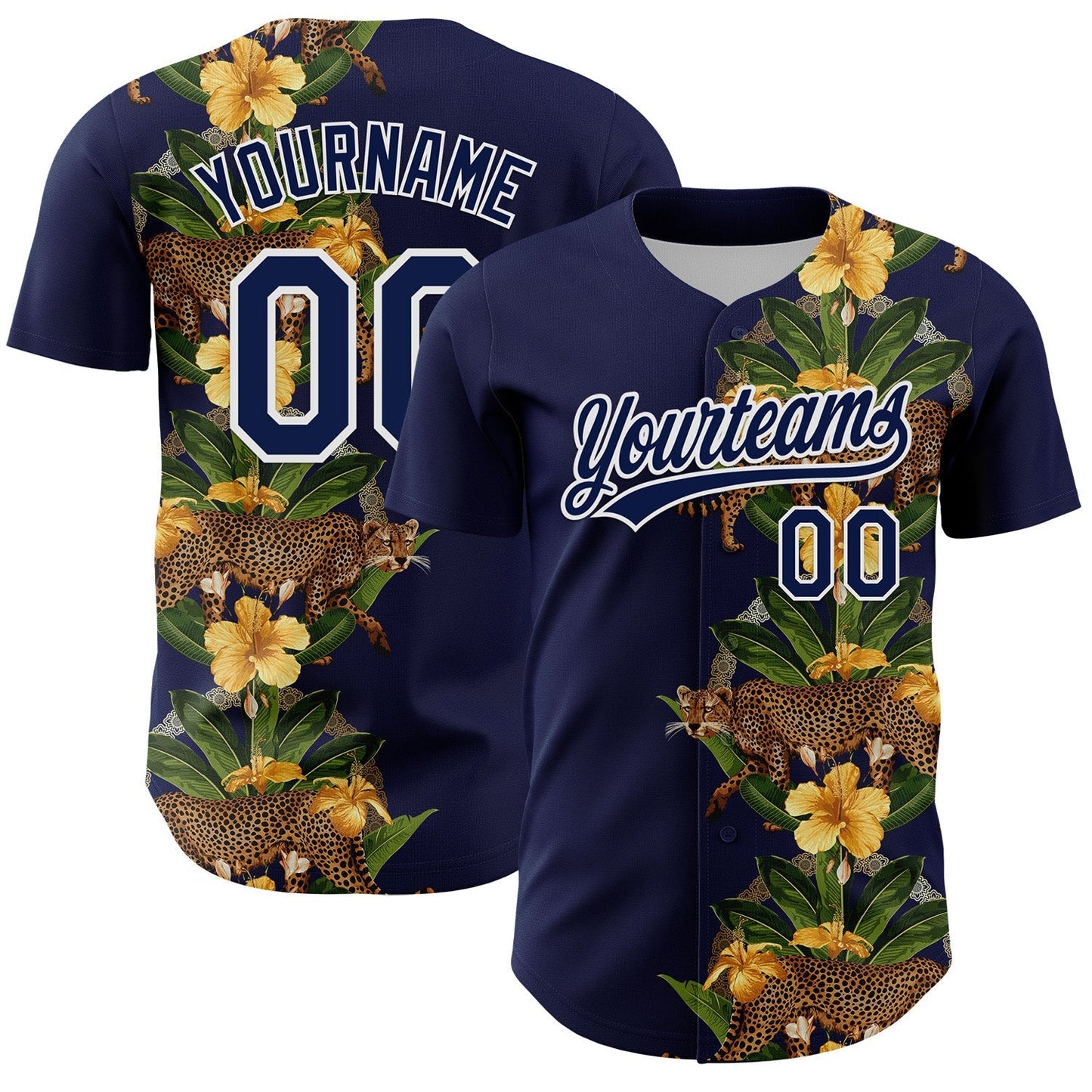 Custom Navy White 3D Tropical Hawaii Jungle Plant And Leopard Authentic Baseball Jersey baseball jersey product view 1