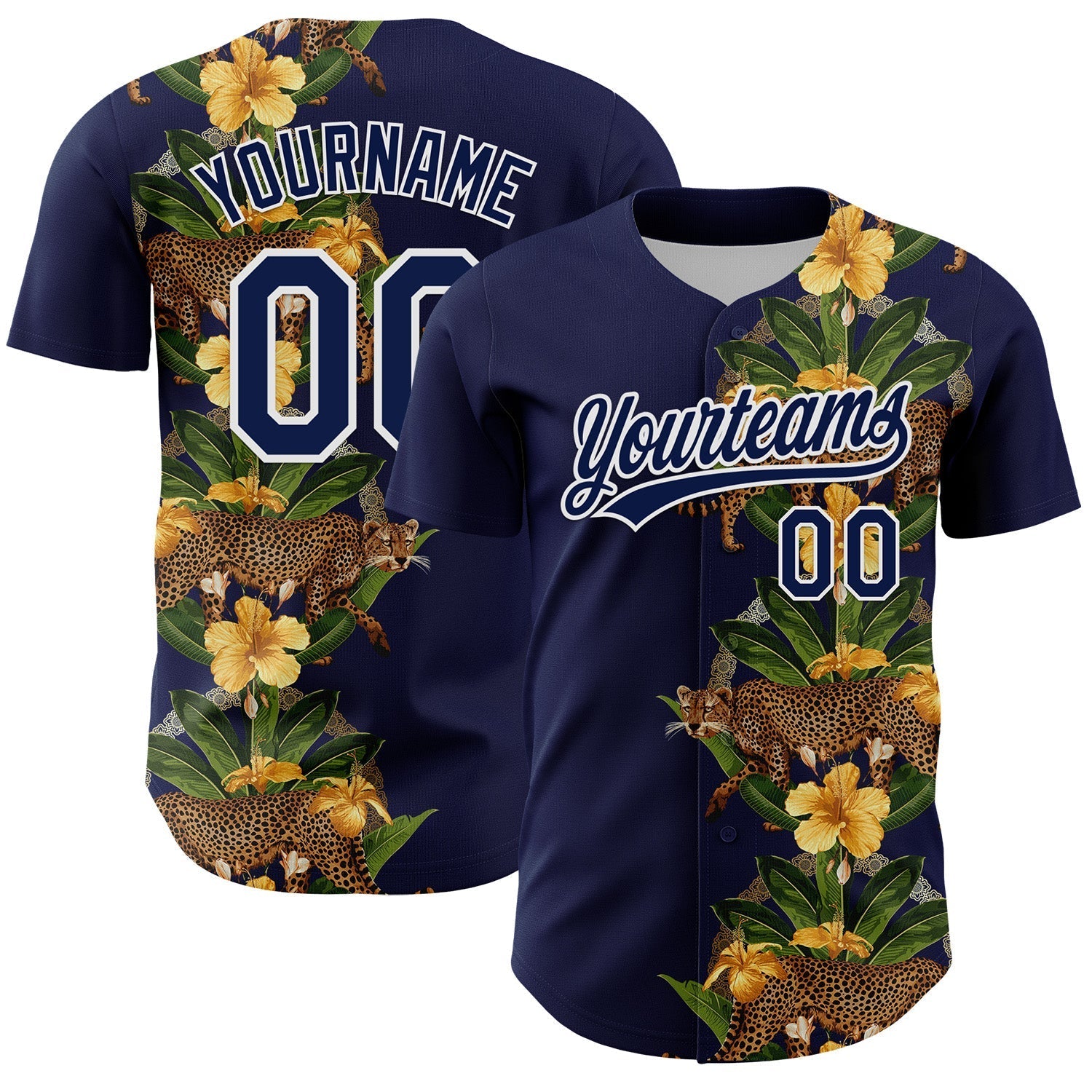 Custom Navy White 3D Tropical Hawaii Jungle Plant And Leopard Authentic Baseball Jersey baseball jersey product view 1