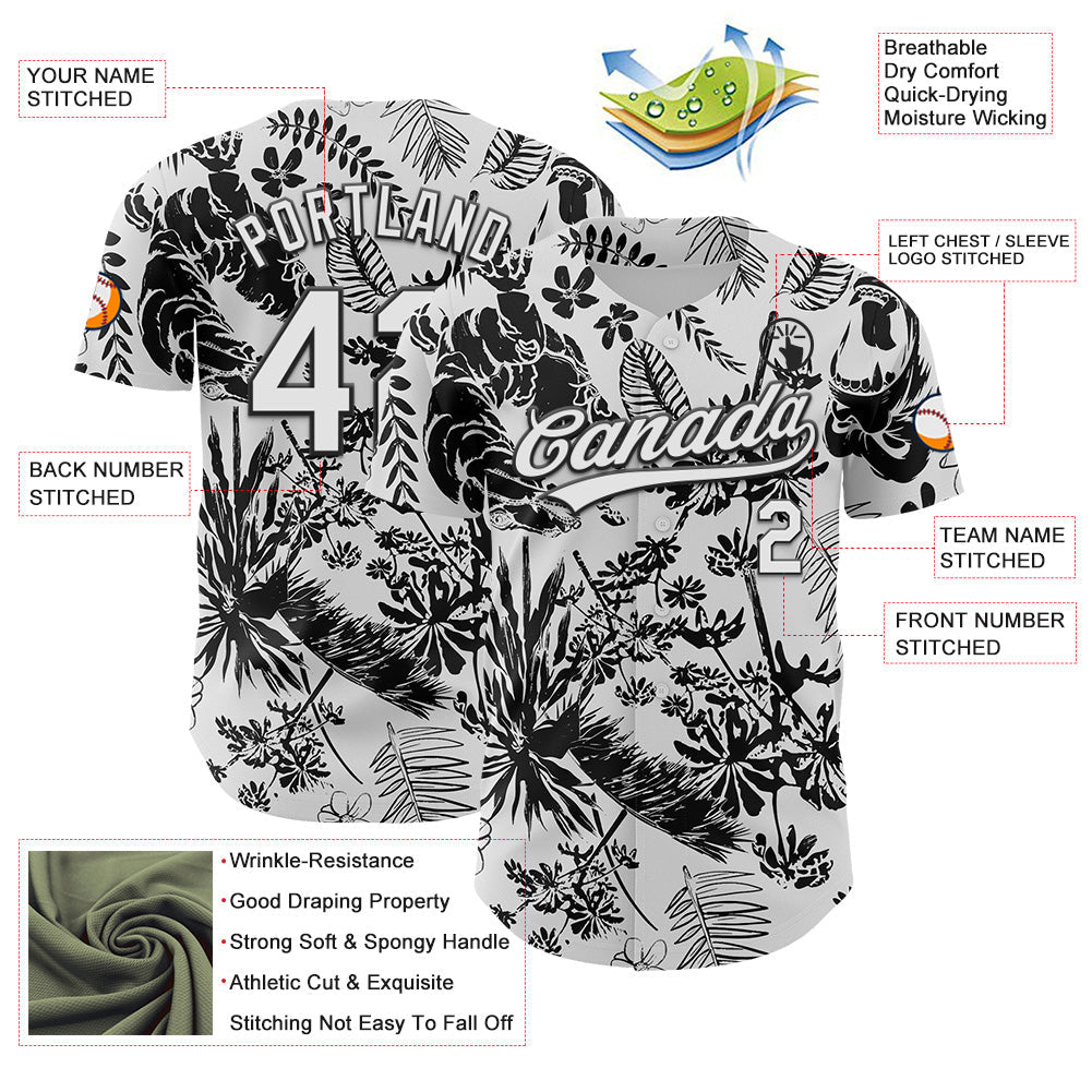 Custom White Black 3D Tropical Hawaii Jungle Plant Authentic Baseball Jersey baseball jersey product view 3