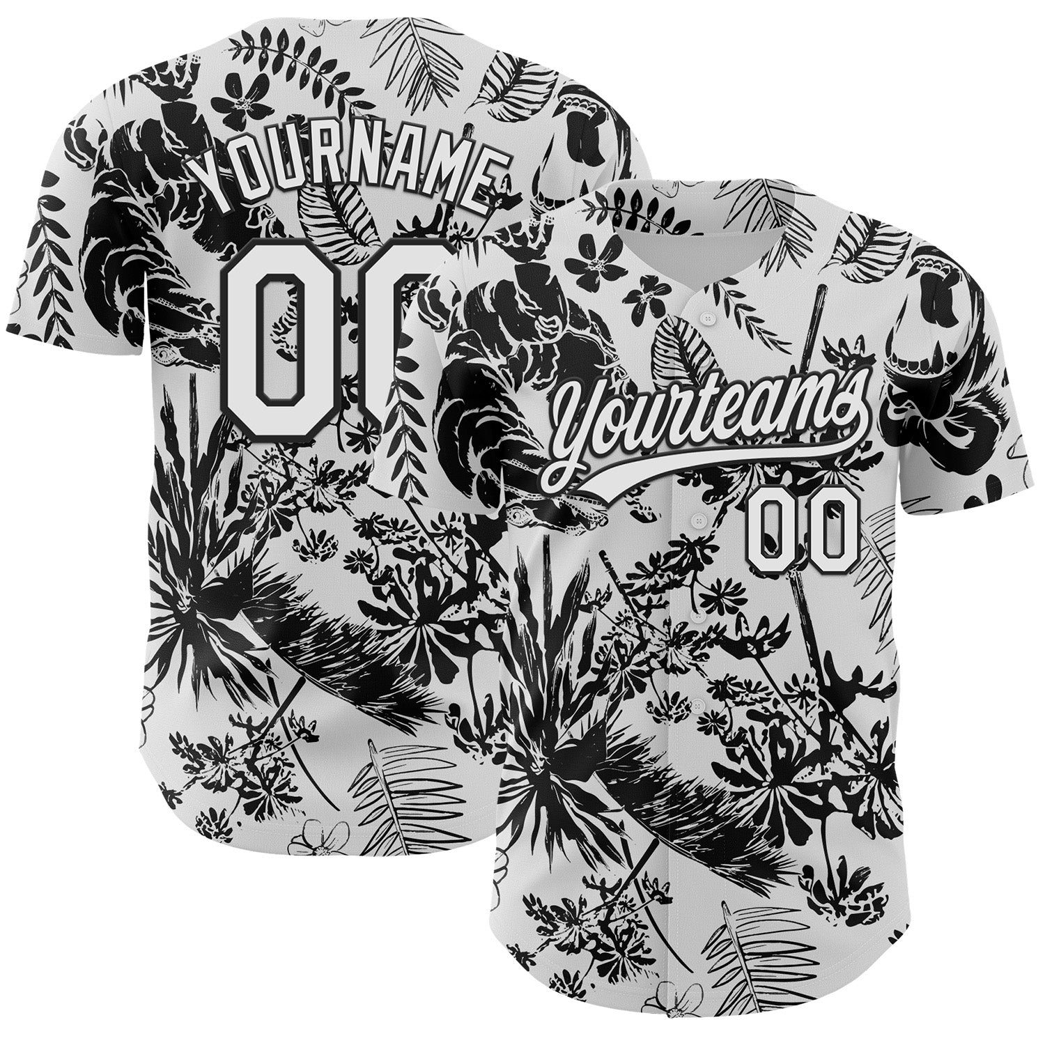Custom White Black 3D Tropical Hawaii Jungle Plant Authentic Baseball Jersey baseball jersey product view 1
