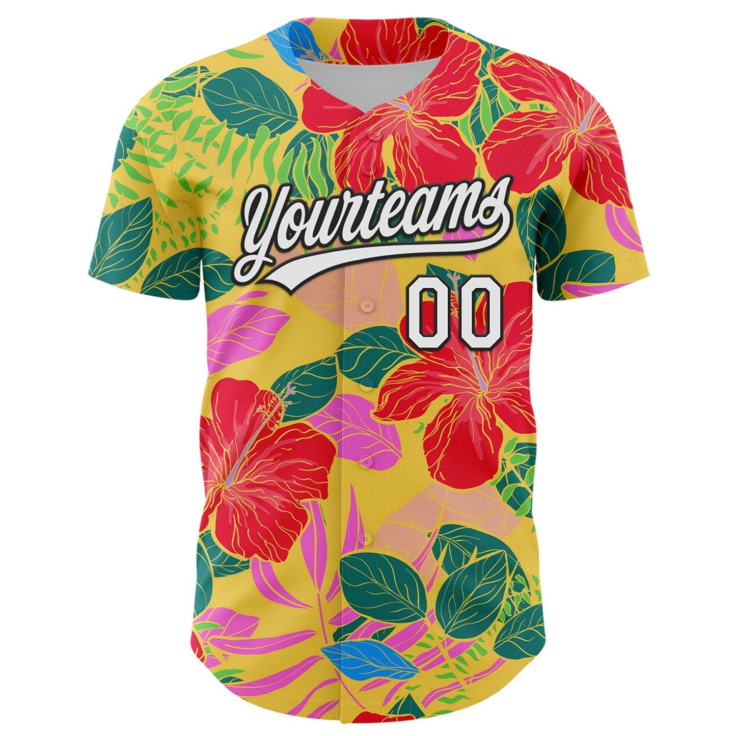 Custom Red White-Black 3D Tropical Hawaii Jungle Leaves And Flower Authentic Baseball Jersey baseball jersey product view 2