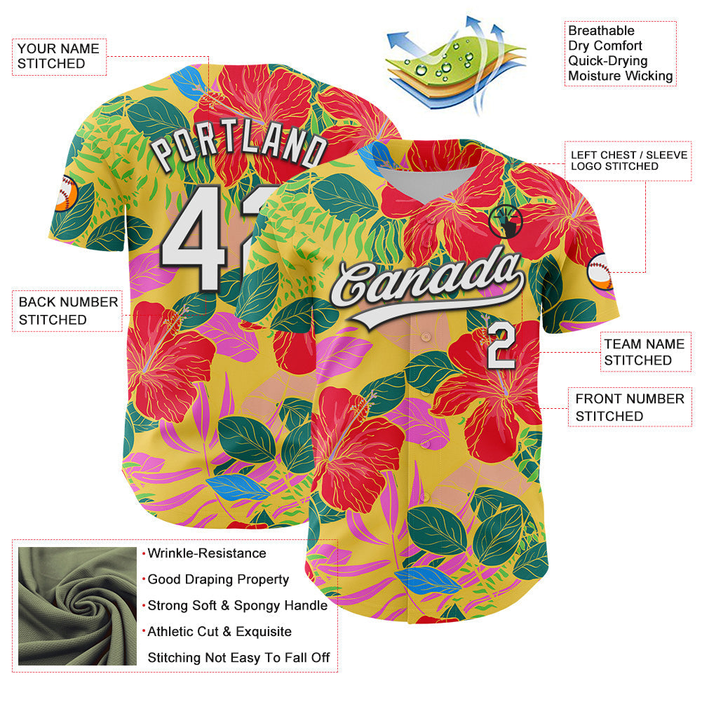 Custom Red White-Black 3D Tropical Hawaii Jungle Leaves And Flower Authentic Baseball Jersey baseball jersey product view 3