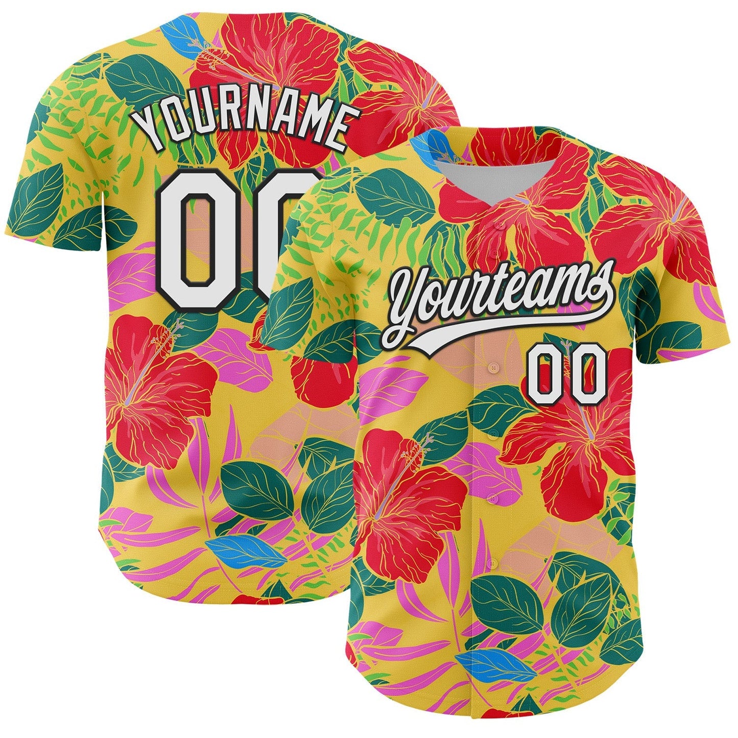 Custom Red White-Black 3D Tropical Hawaii Jungle Leaves And Flower Authentic Baseball Jersey baseball jersey product view 1