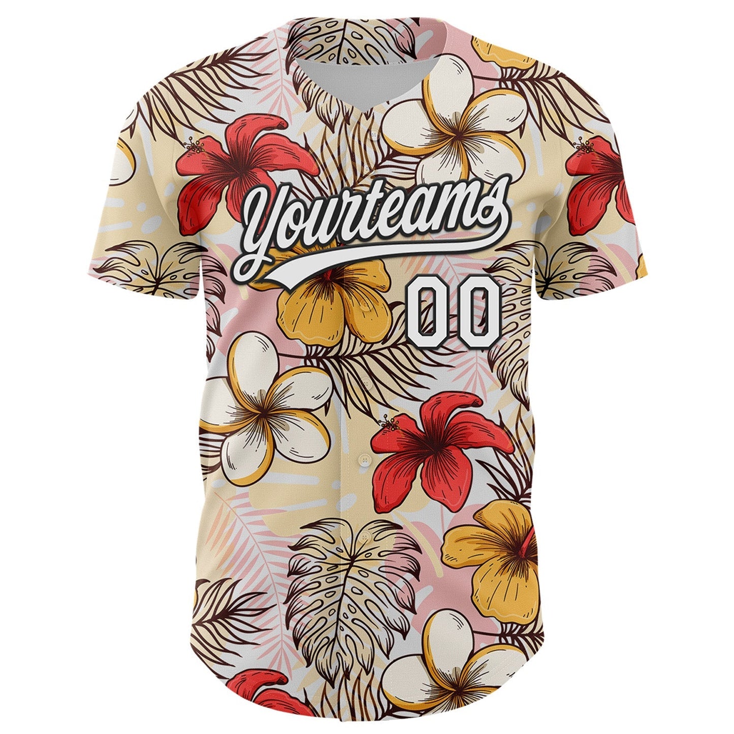 Custom White Black 3D Tropical Hawaii Jungle Leaves And Flower Authentic Baseball Jersey baseball jersey product view 2