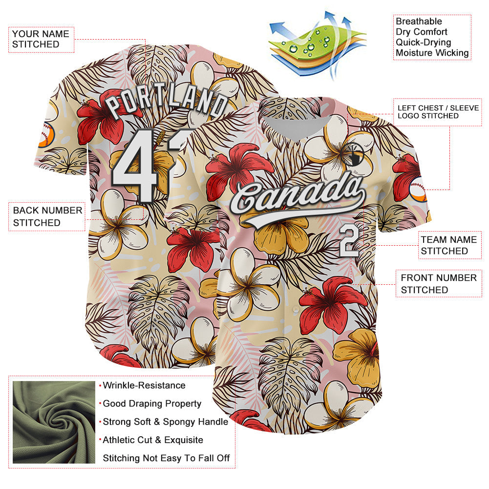 Custom White Black 3D Tropical Hawaii Jungle Leaves And Flower Authentic Baseball Jersey baseball jersey product view 3