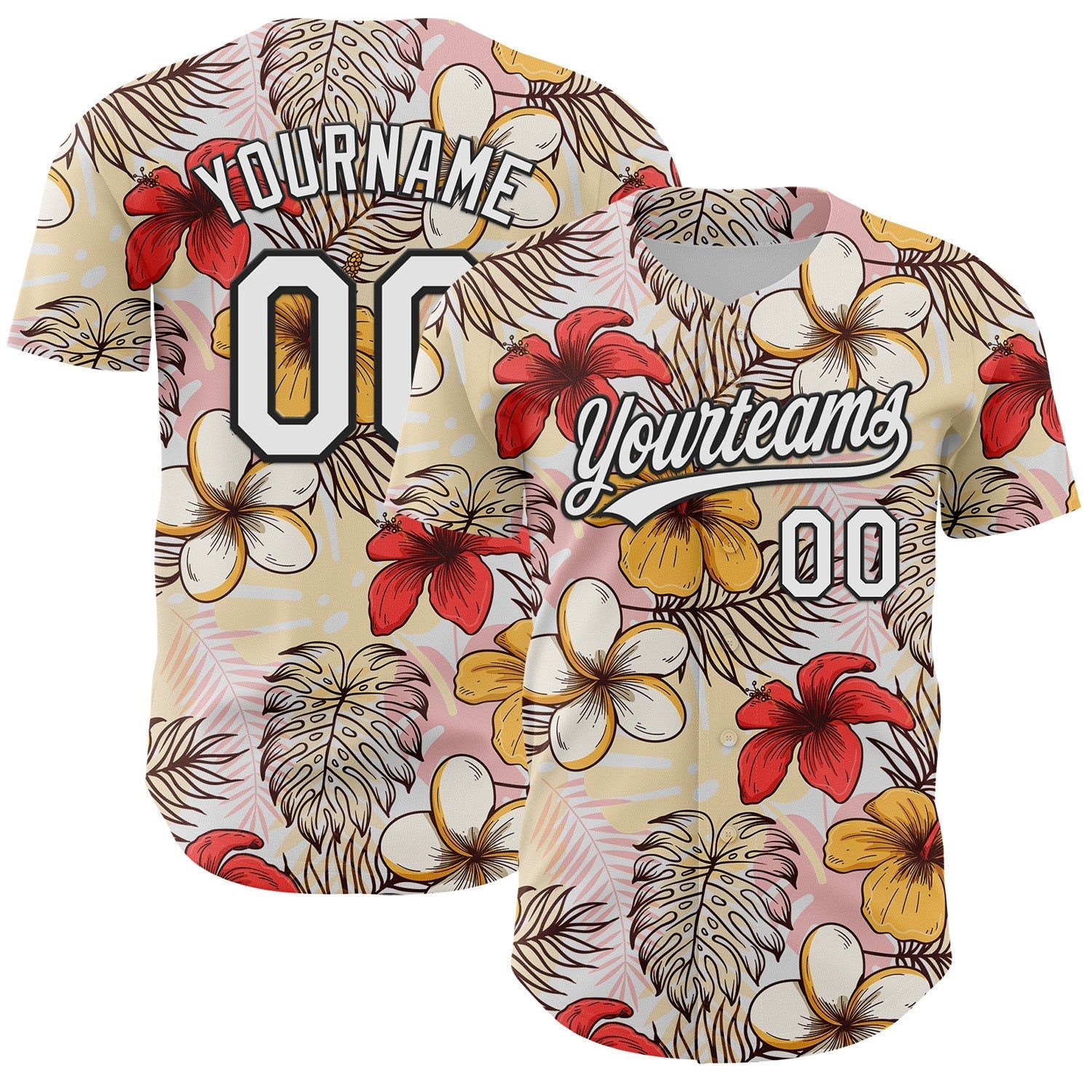 Custom White Black 3D Tropical Hawaii Jungle Leaves And Flower Authentic Baseball Jersey baseball jersey product view 1