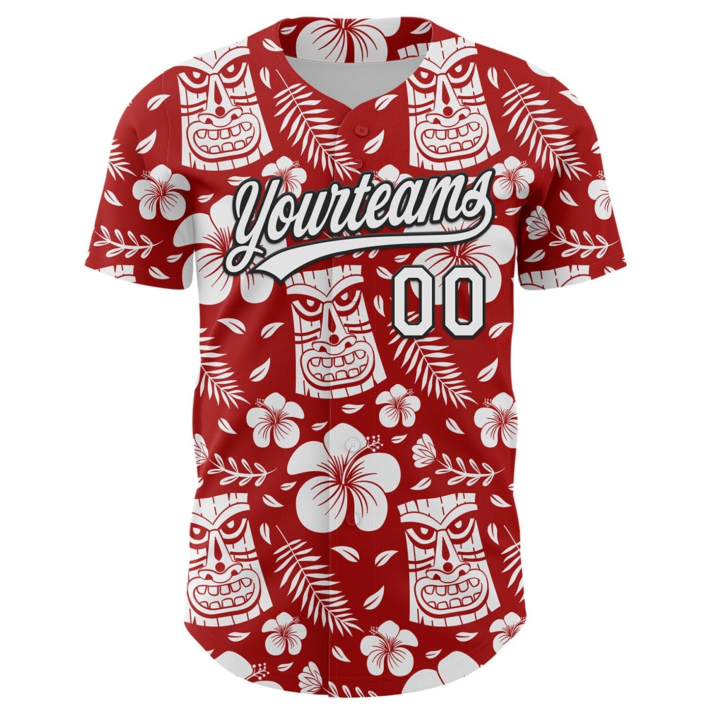 Custom Red White-Black 3D Tropical Hawaii Jungle Leaves Flower And Tiki Mask Authentic Baseball Jersey baseball jersey product view 2