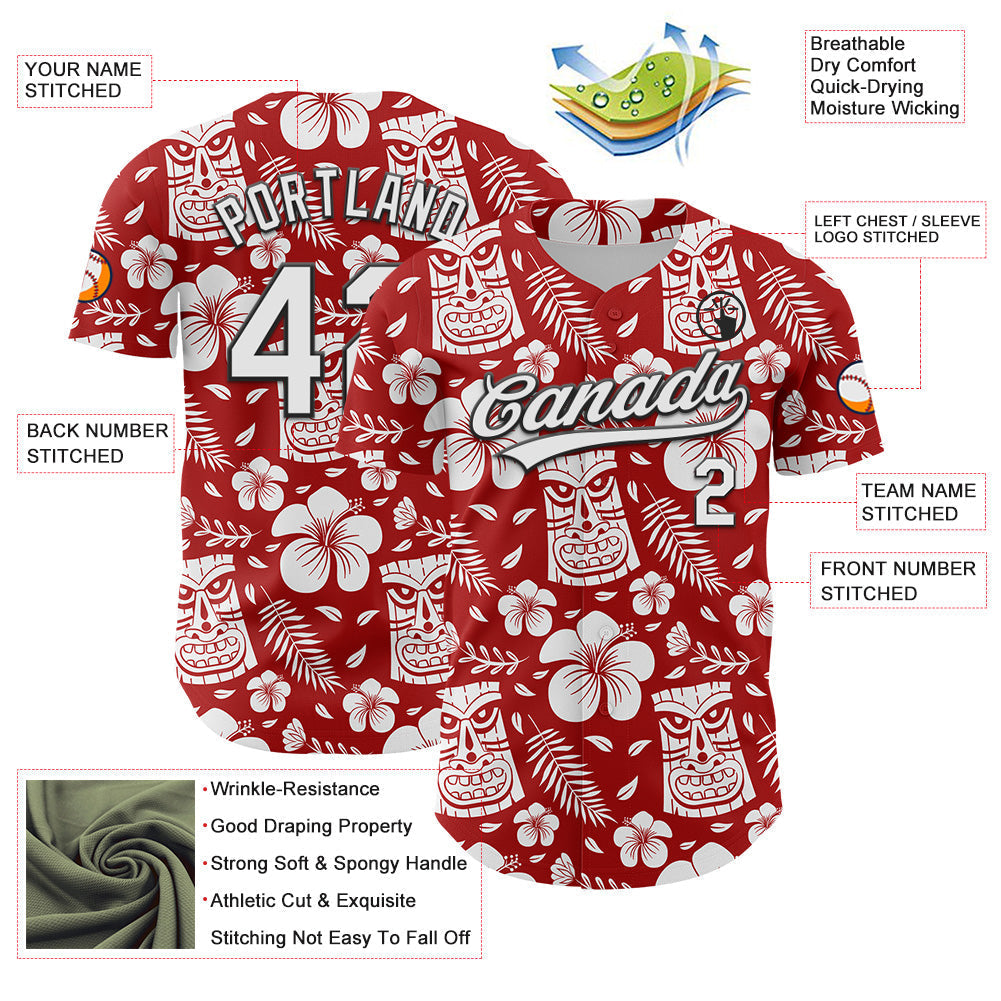 Custom Red White-Black 3D Tropical Hawaii Jungle Leaves Flower And Tiki Mask Authentic Baseball Jersey baseball jersey product view 3