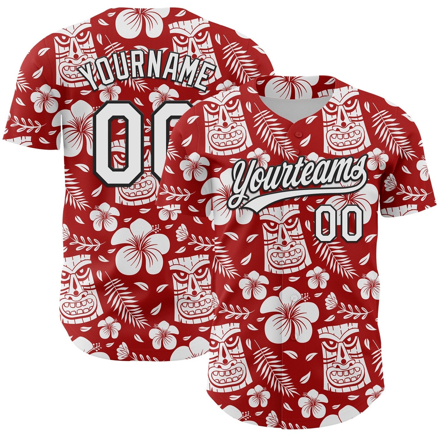 Custom Red White-Black 3D Tropical Hawaii Jungle Leaves Flower And Tiki Mask Authentic Baseball Jersey baseball jersey product view 1