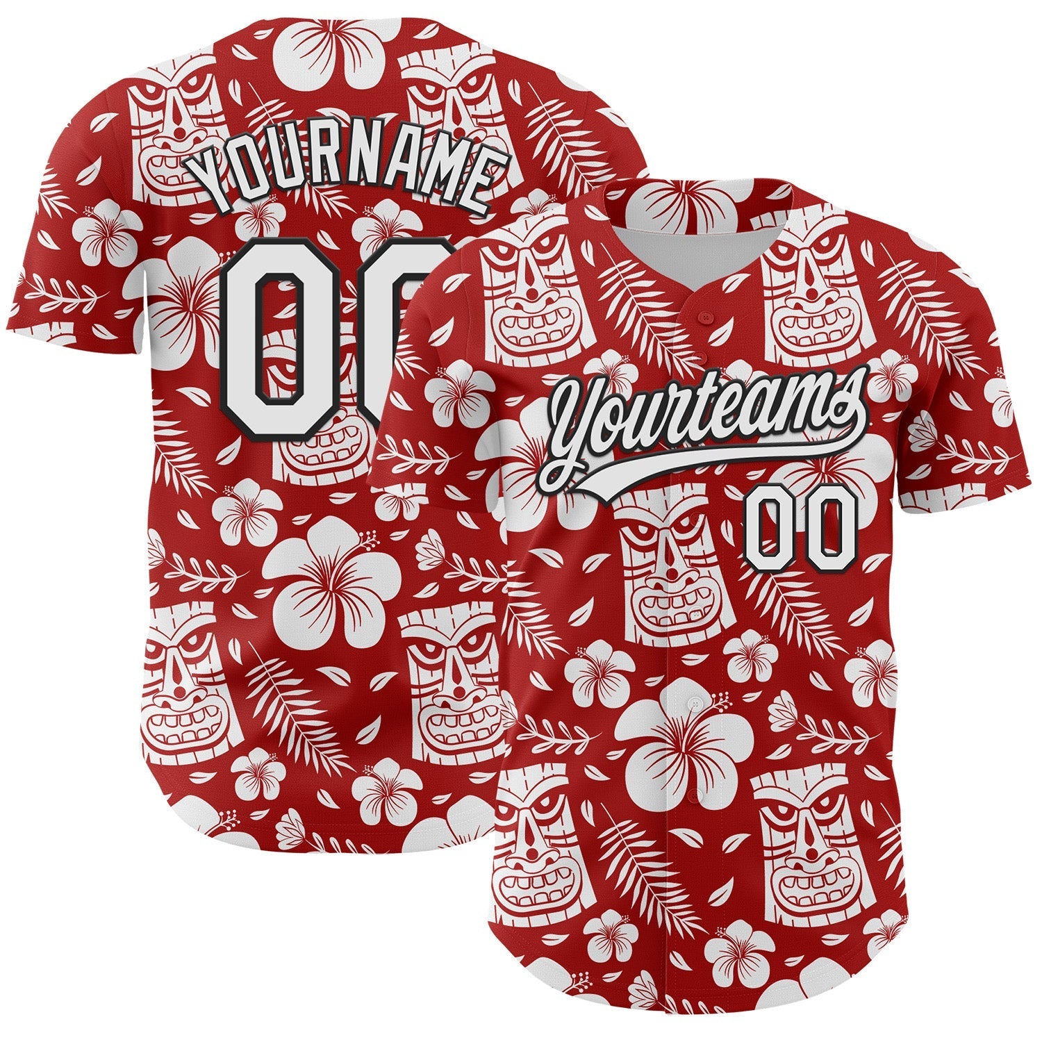 Custom Red White-Black 3D Tropical Hawaii Jungle Leaves Flower And Tiki Mask Authentic Baseball Jersey baseball jersey product view 1