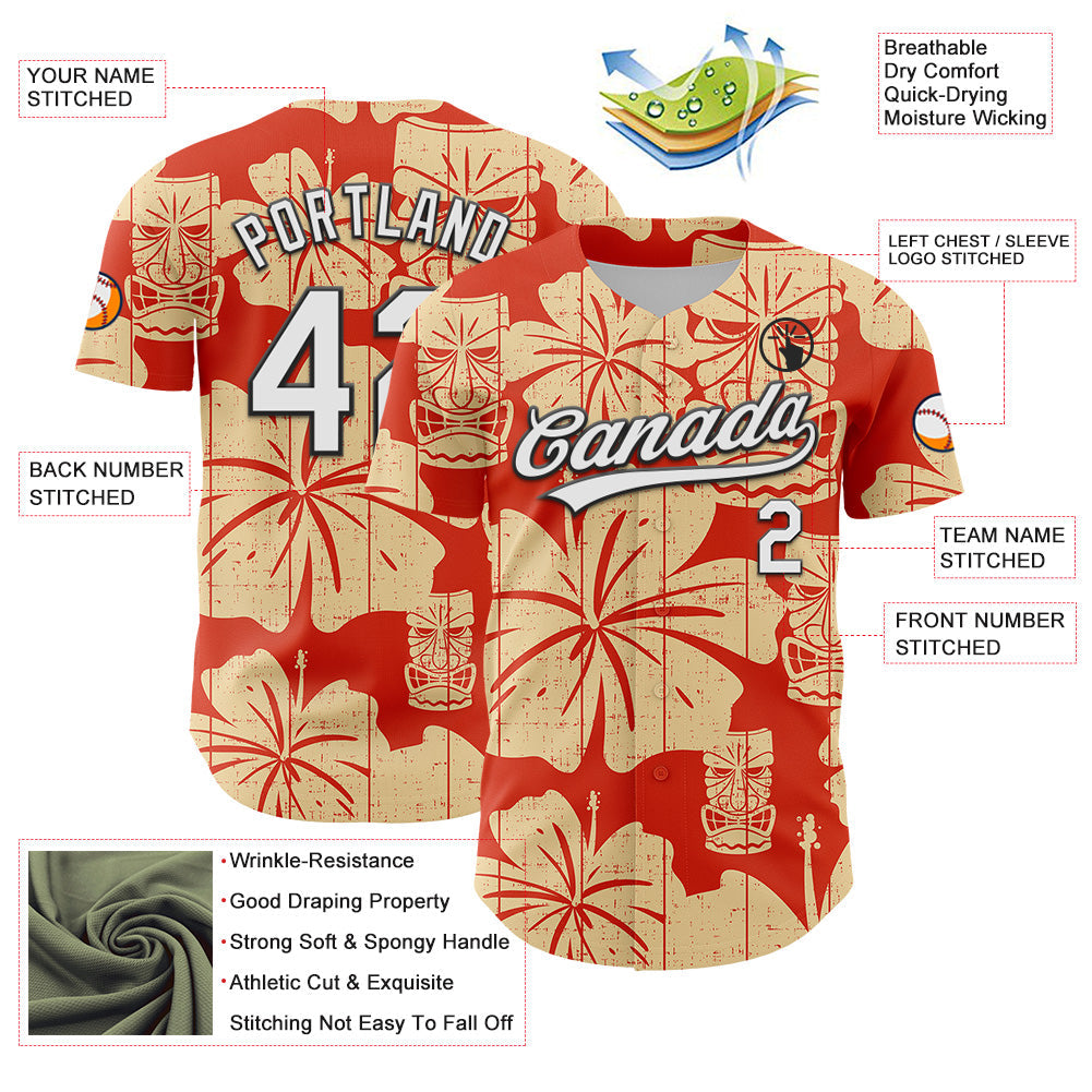 Custom Red White-Black 3D Tropical Hawaii Flower And Tiki Mask Authentic Baseball Jersey baseball jersey product view 3
