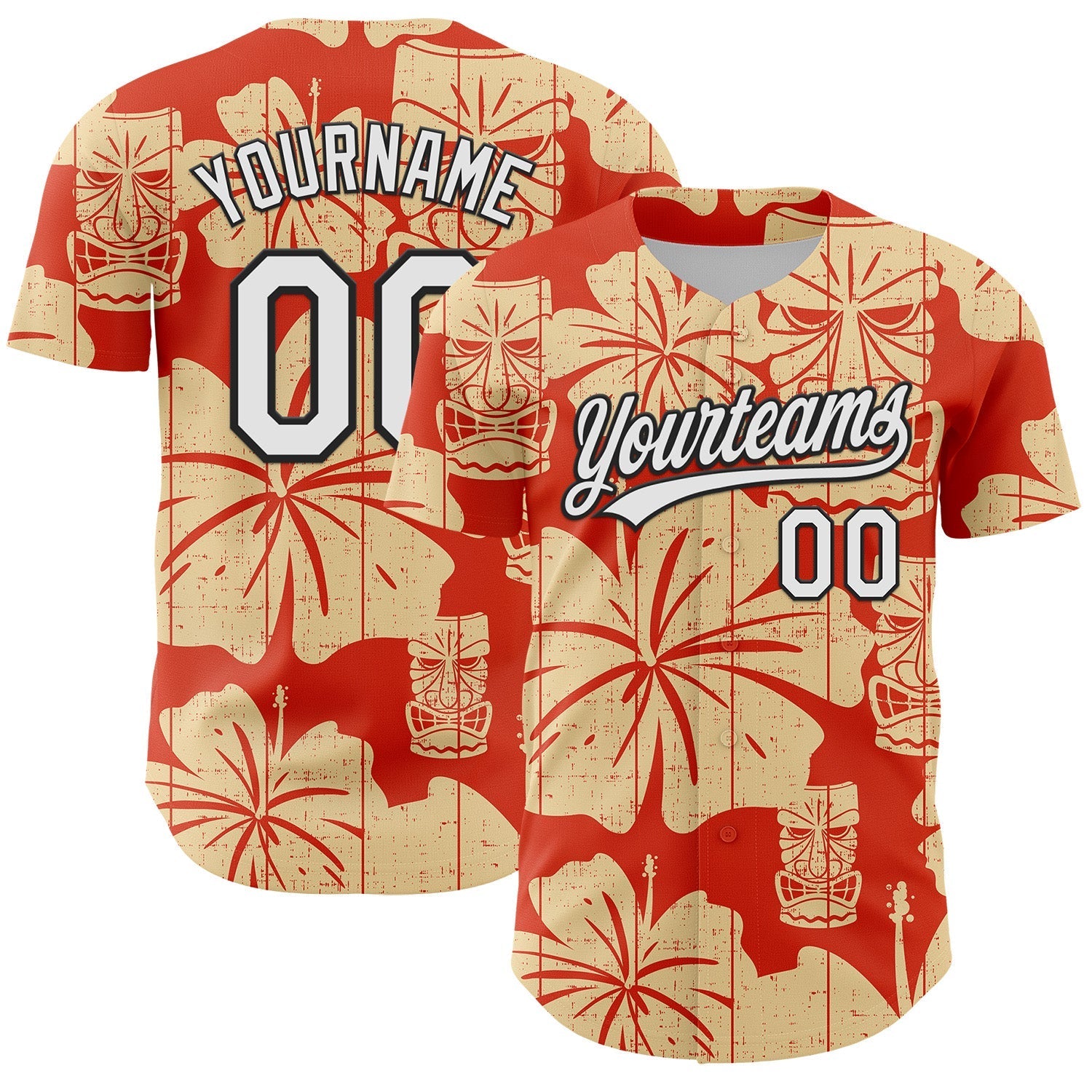 Custom Red White-Black 3D Tropical Hawaii Flower And Tiki Mask Authentic Baseball Jersey baseball jersey product view 1