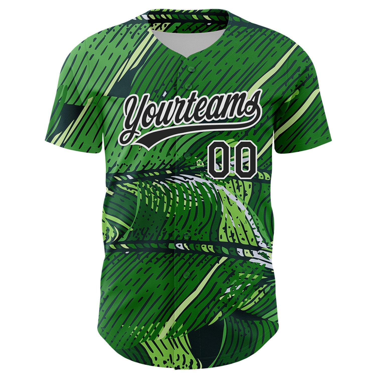 Custom Green Black-White 3D Tropical Hawaii Jungle Leaves Authentic Baseball Jersey baseball jersey product view 2