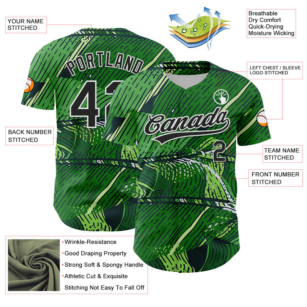 Custom Green Black-White 3D Tropical Hawaii Jungle Leaves Authentic Baseball Jersey baseball jersey product view 3