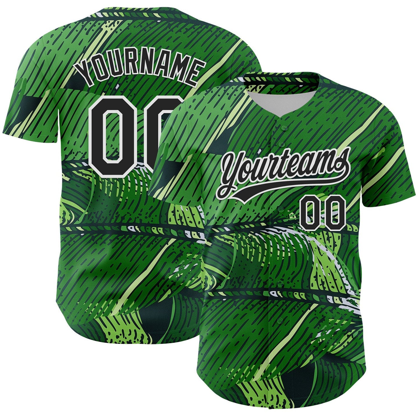 Custom Green Black-White 3D Tropical Hawaii Jungle Leaves Authentic Baseball Jersey baseball jersey product view 1