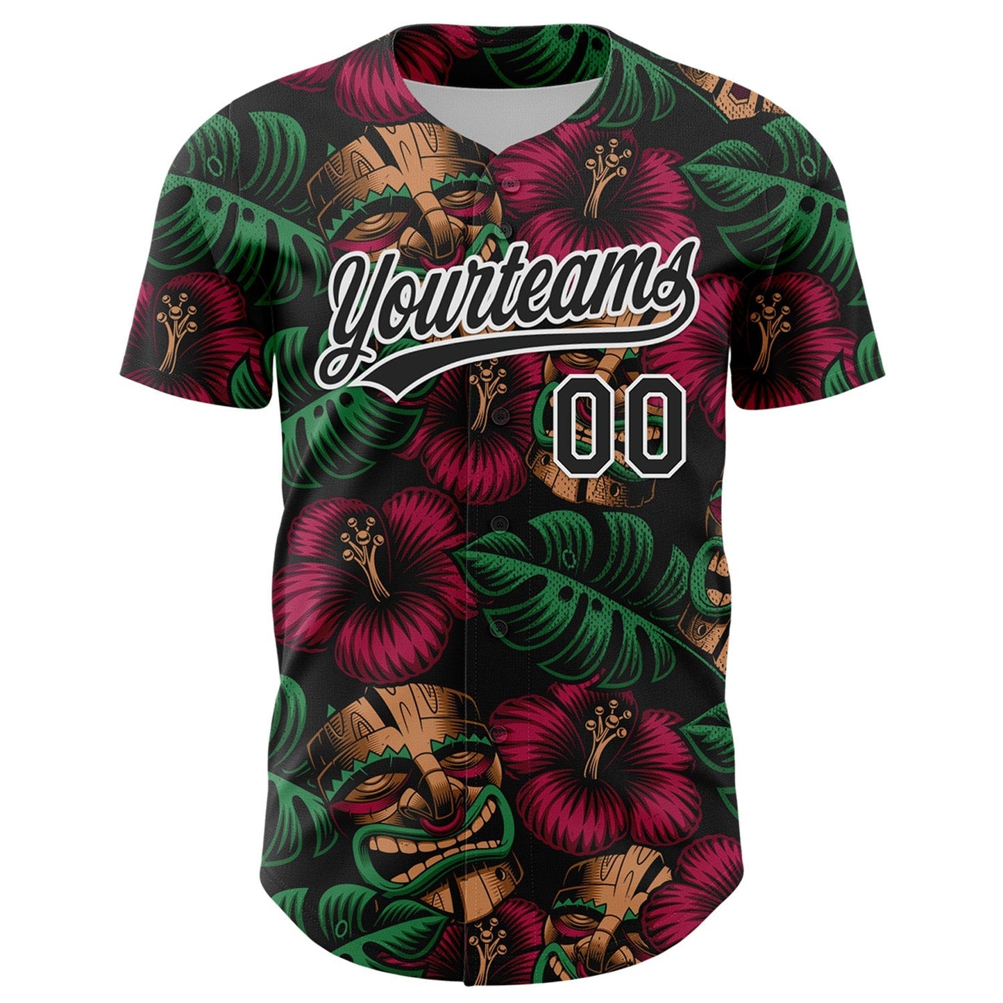 Custom Black White 3D Tropical Hawaii Jungle Leaves And Flower Authentic Baseball Jersey baseball jersey product view 2