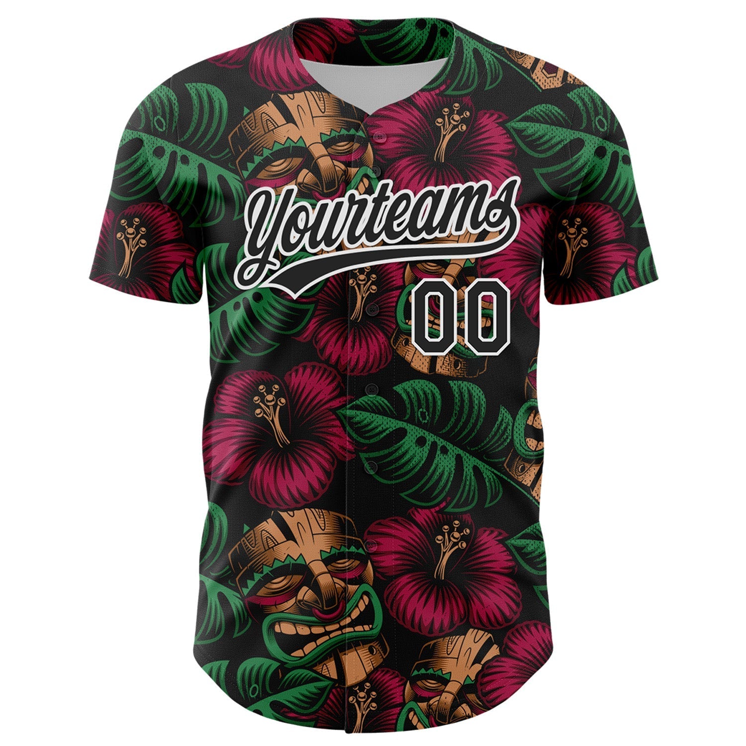 Custom Black White 3D Tropical Hawaii Jungle Leaves And Flower Authentic Baseball Jersey baseball jersey product view 2