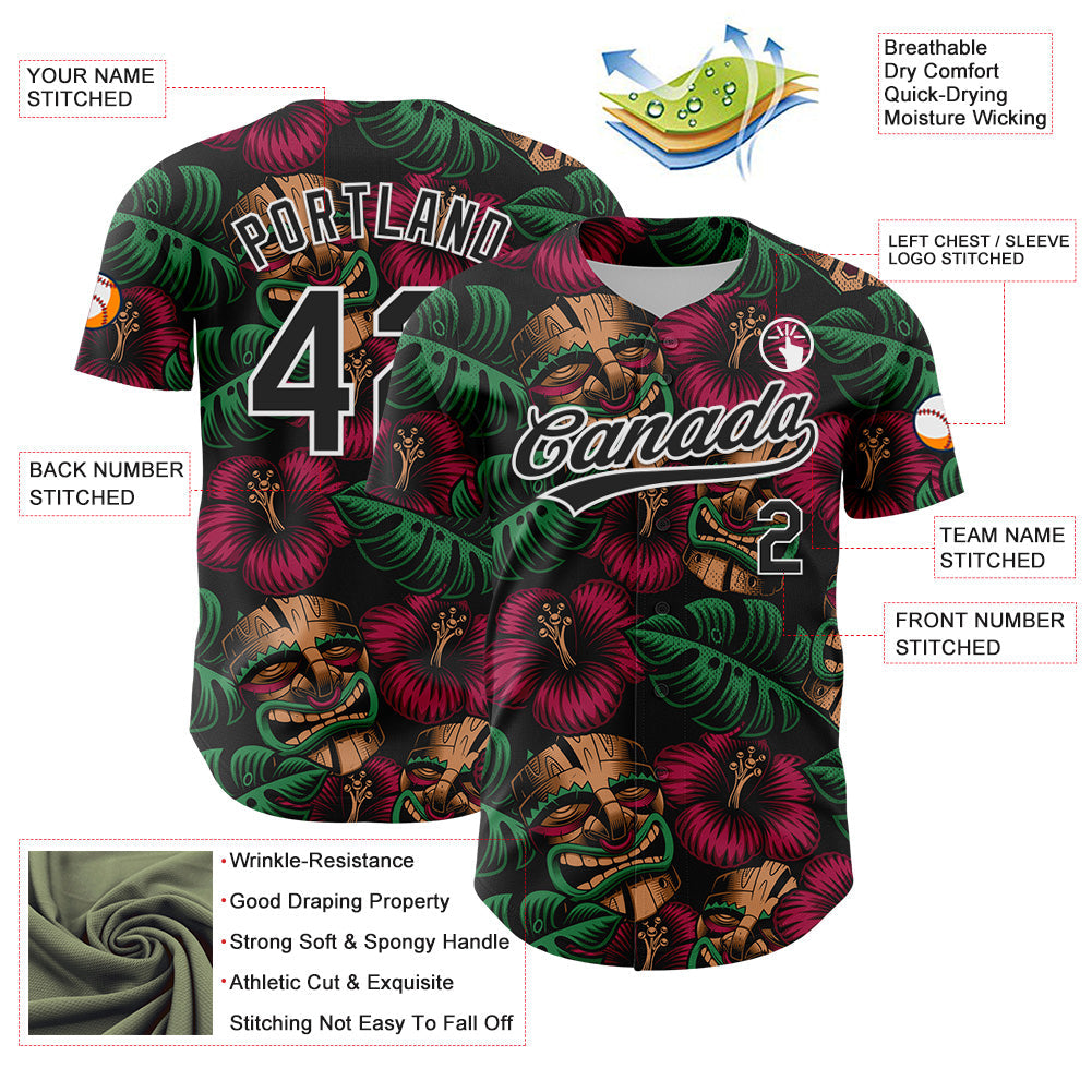 Custom Black White 3D Tropical Hawaii Jungle Leaves And Flower Authentic Baseball Jersey baseball jersey product view 3