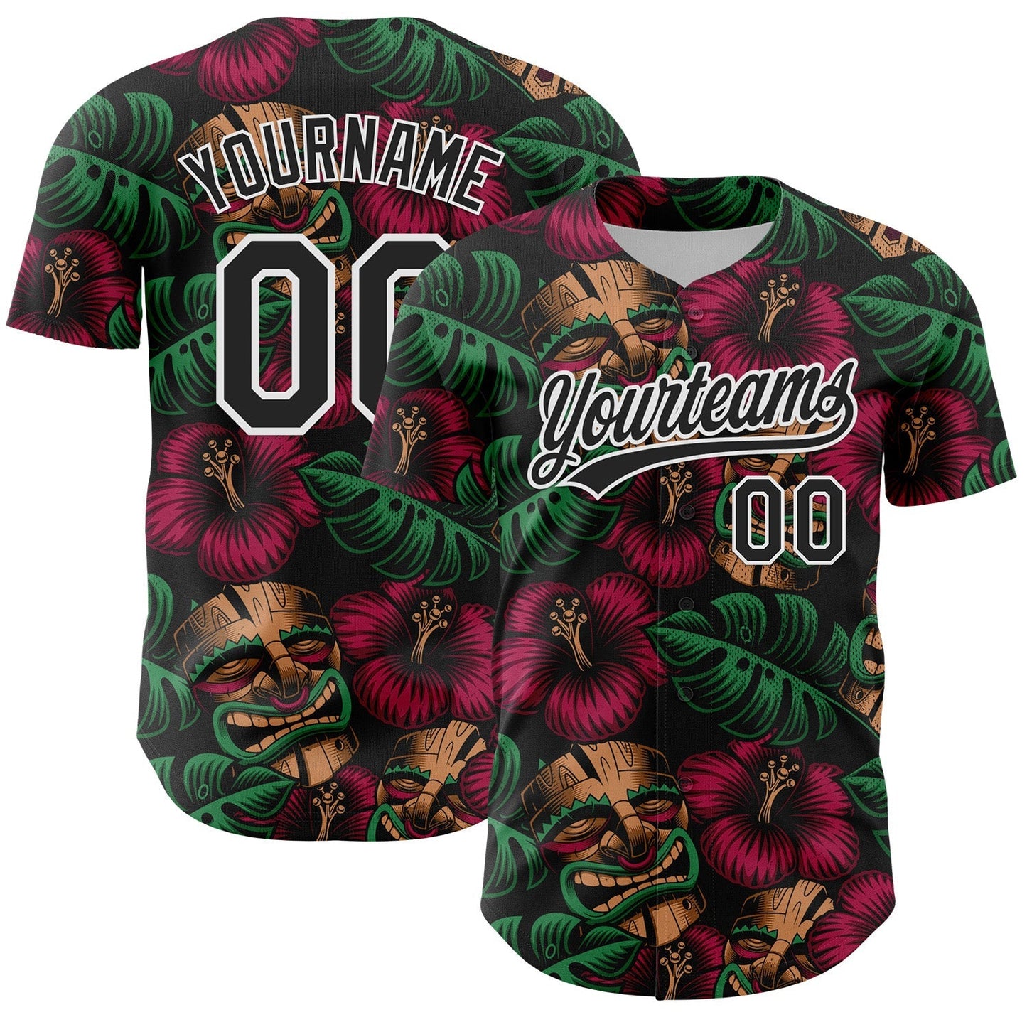 Custom Black White 3D Tropical Hawaii Jungle Leaves And Flower Authentic Baseball Jersey baseball jersey product view 1
