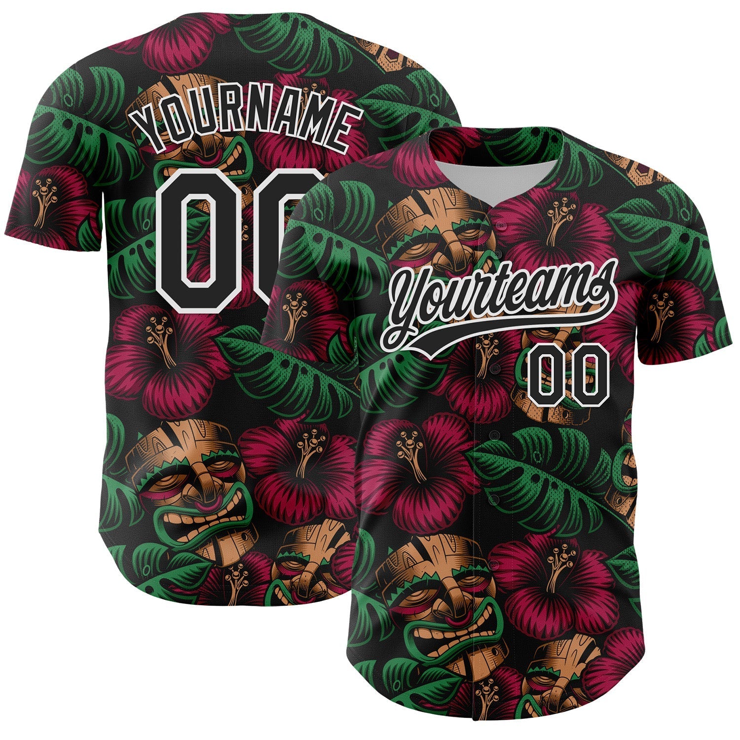 Custom Black White 3D Tropical Hawaii Jungle Leaves And Flower Authentic Baseball Jersey baseball jersey product view 1