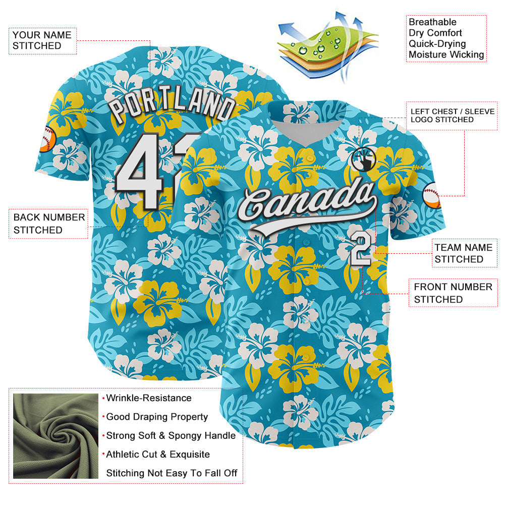 Custom Lakes Blue White-Black 3D Tropical Hawaii Jungle Leaves And Flower Authentic Baseball Jersey baseball jersey product view 3