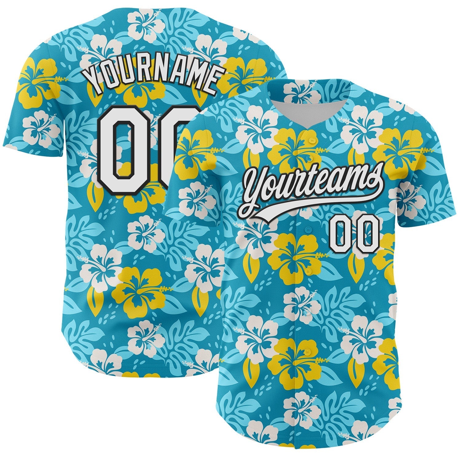 Custom Lakes Blue White-Black 3D Tropical Hawaii Jungle Leaves And Flower Authentic Baseball Jersey baseball jersey product view 1