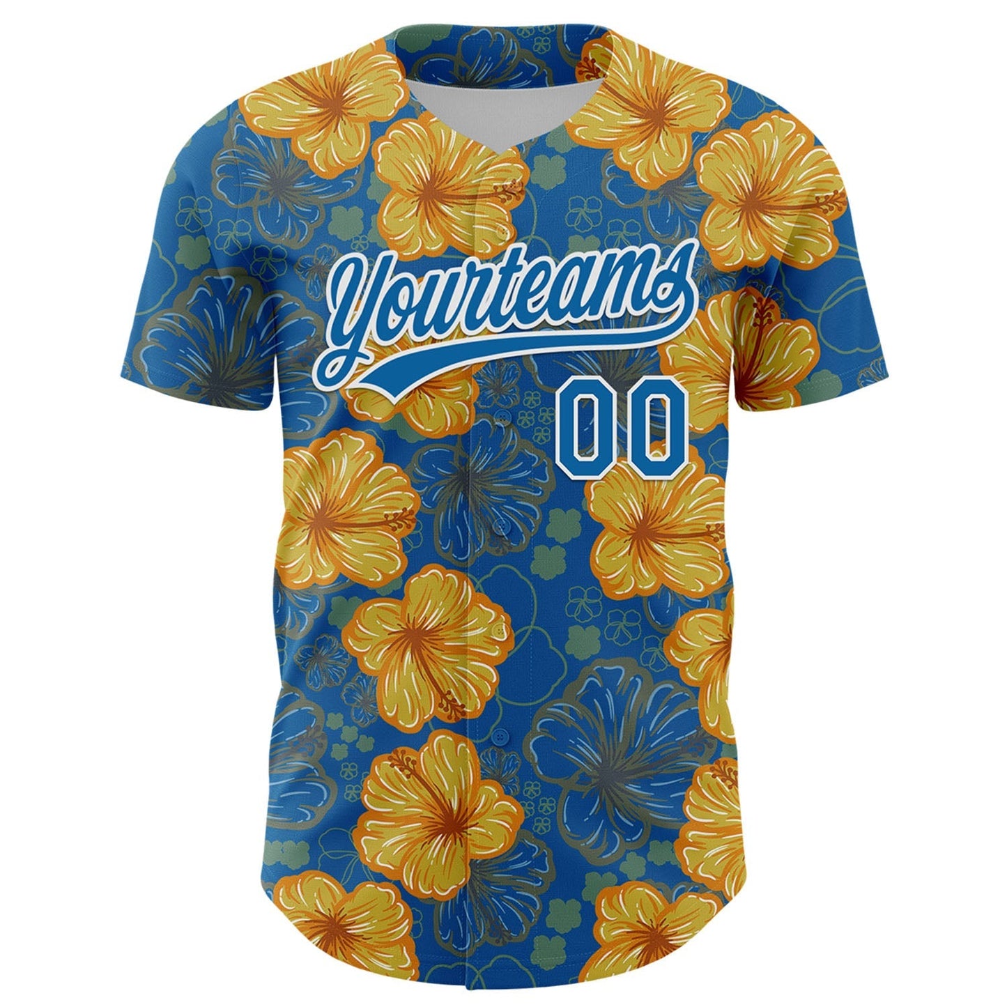 Custom Blue White 3D Tropical Hawaii Flower Authentic Baseball Jersey baseball jersey product view 2