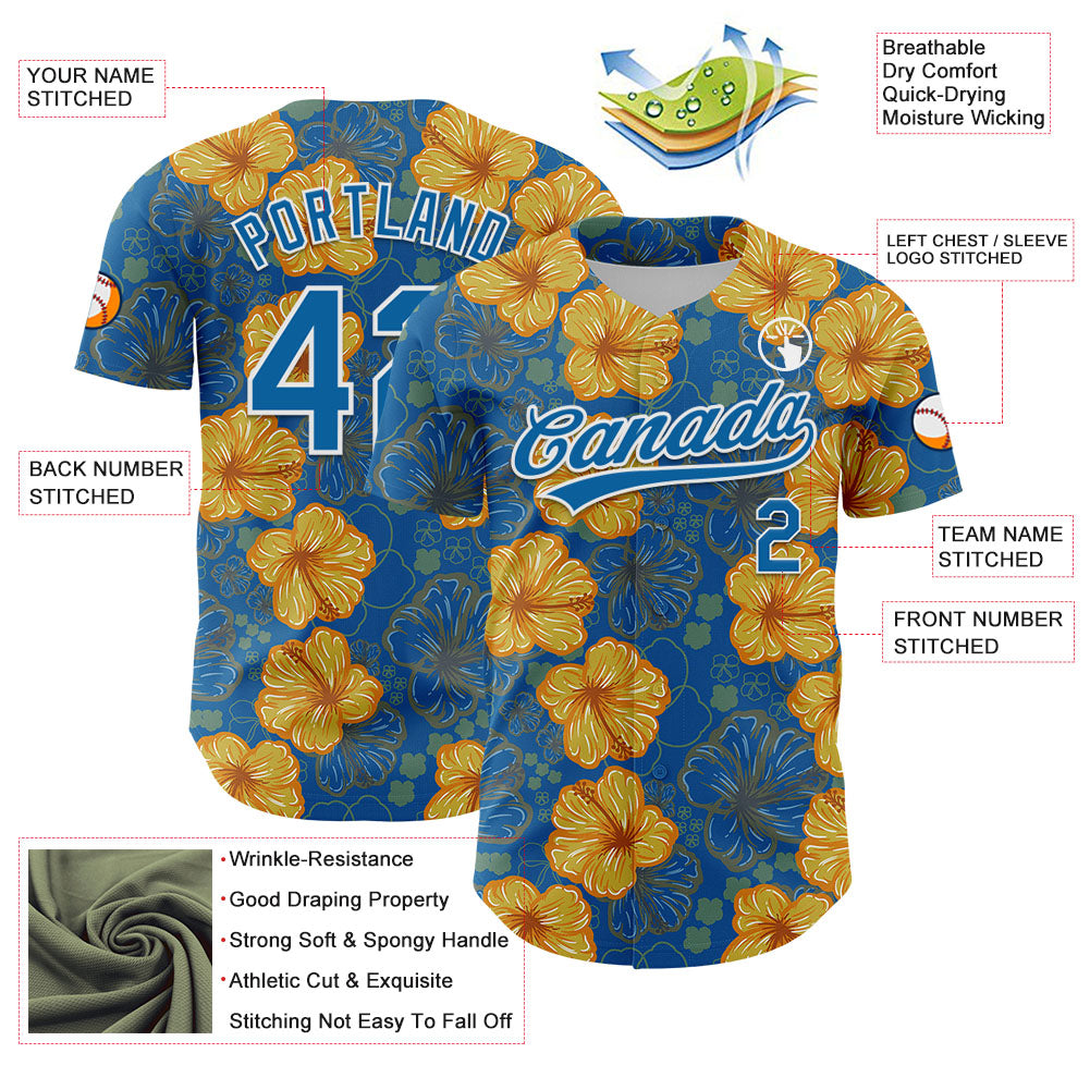 Custom Blue White 3D Tropical Hawaii Flower Authentic Baseball Jersey baseball jersey product view 3