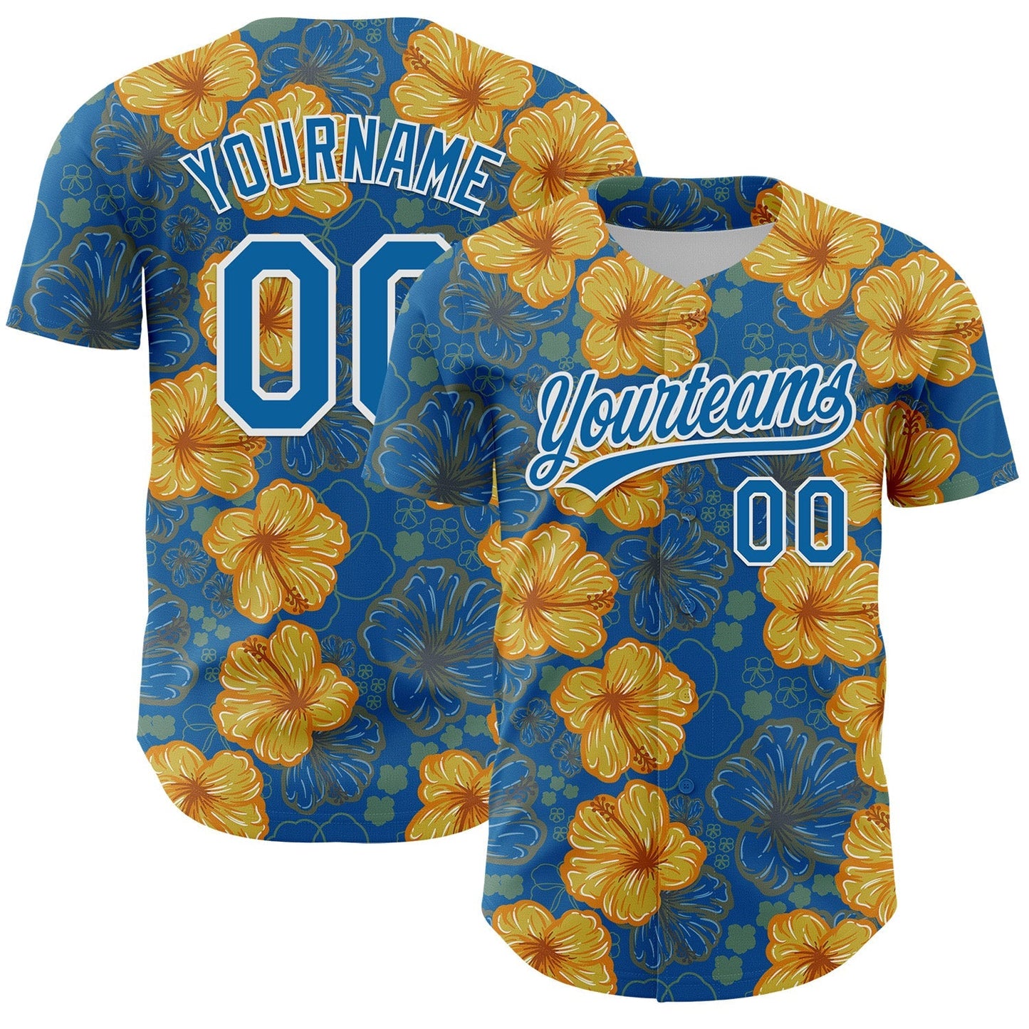 Custom Blue White 3D Tropical Hawaii Flower Authentic Baseball Jersey baseball jersey product view 1