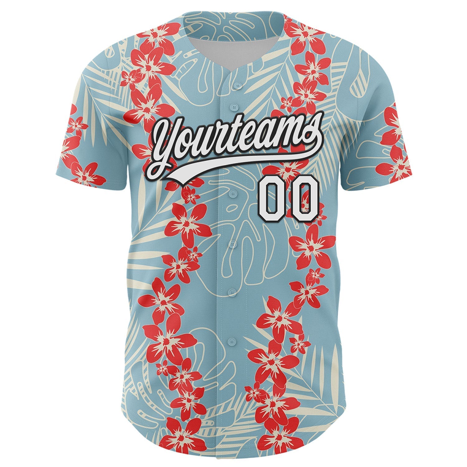 Custom Shadow Blue White-Black 3D Tropical Hawaii Leaves And Flower Authentic Baseball Jersey baseball jersey product view 2
