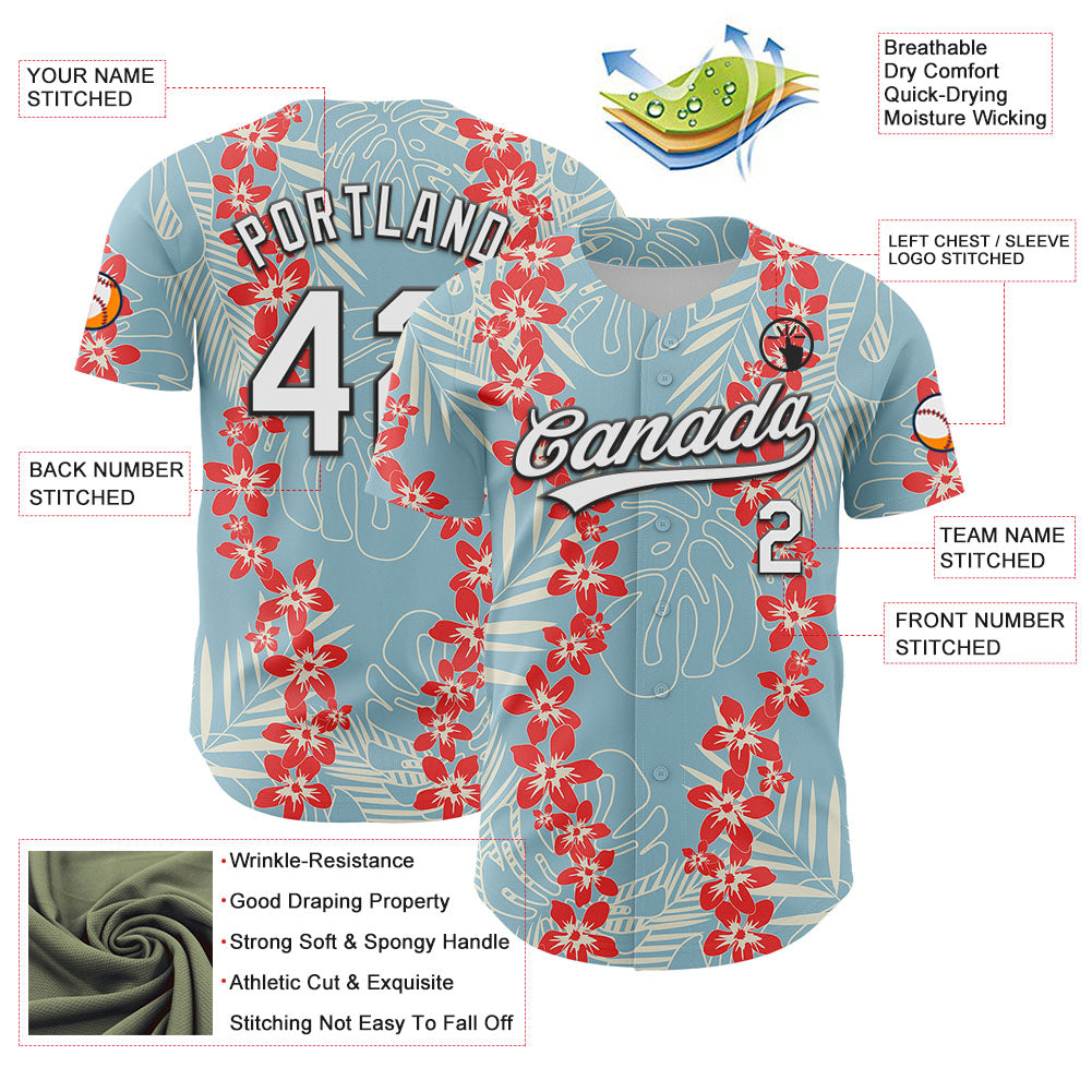 Custom Shadow Blue White-Black 3D Tropical Hawaii Leaves And Flower Authentic Baseball Jersey baseball jersey product view 3