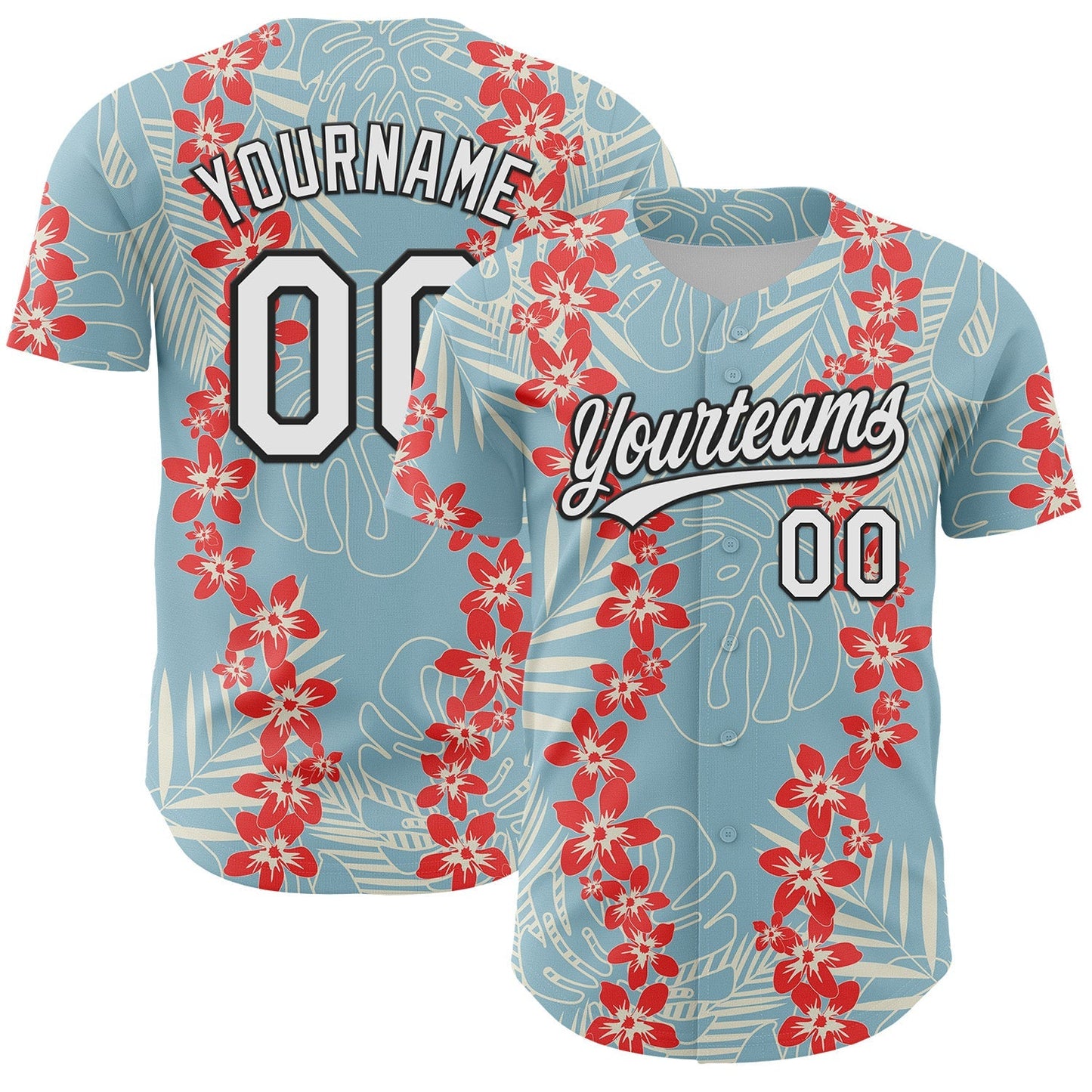 Custom Shadow Blue White-Black 3D Tropical Hawaii Leaves And Flower Authentic Baseball Jersey baseball jersey product view 1