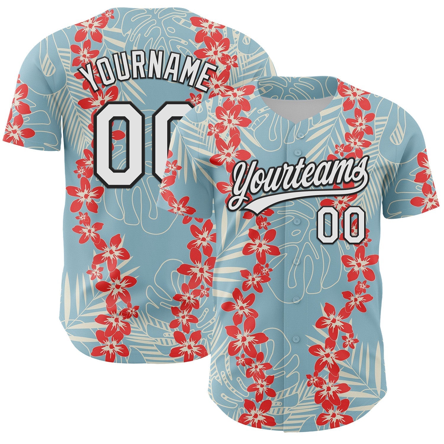 Custom Shadow Blue White-Black 3D Tropical Hawaii Leaves And Flower Authentic Baseball Jersey baseball jersey product view 1